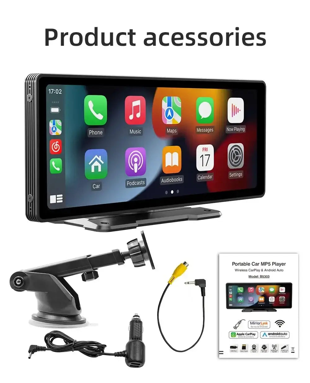 Rádio automóvel universal com ecrã de 10,26" Carplay, multimédia, Wi-Fi, leitor de vídeo, ecrã Carplay sem fios + câmara de 12 LEDs para Apple ou Android