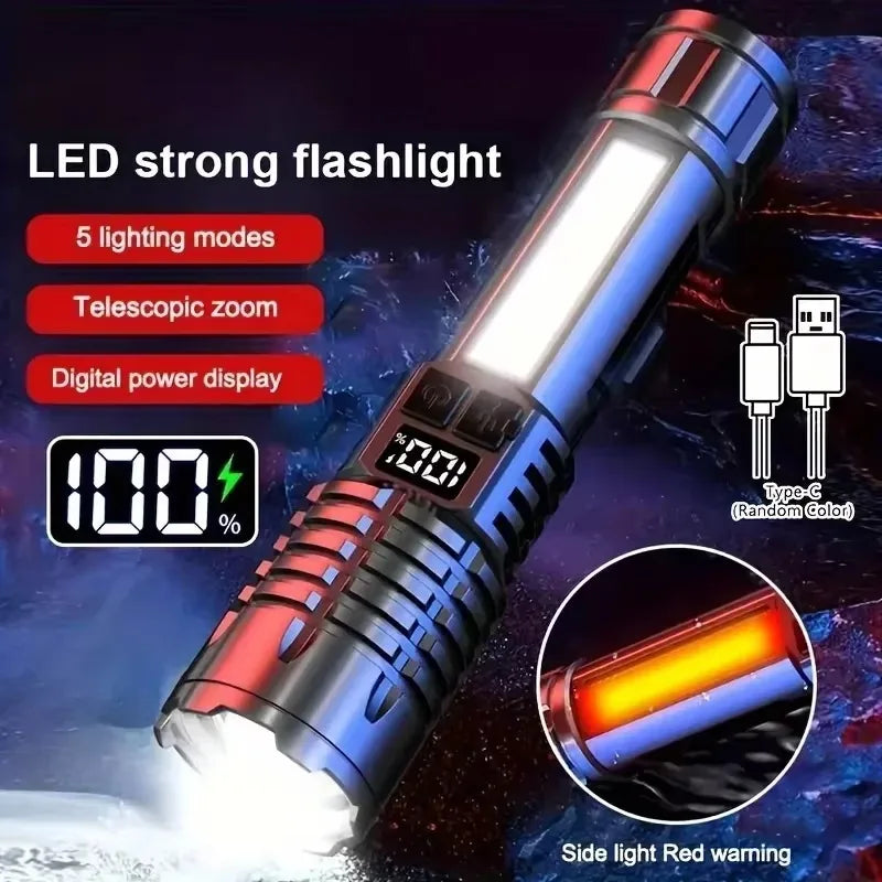 Lanterna LED de alta potência, potente, recarregável, tipo C, COB, com luz lateral, para campismo e caminhadas ao ar livre