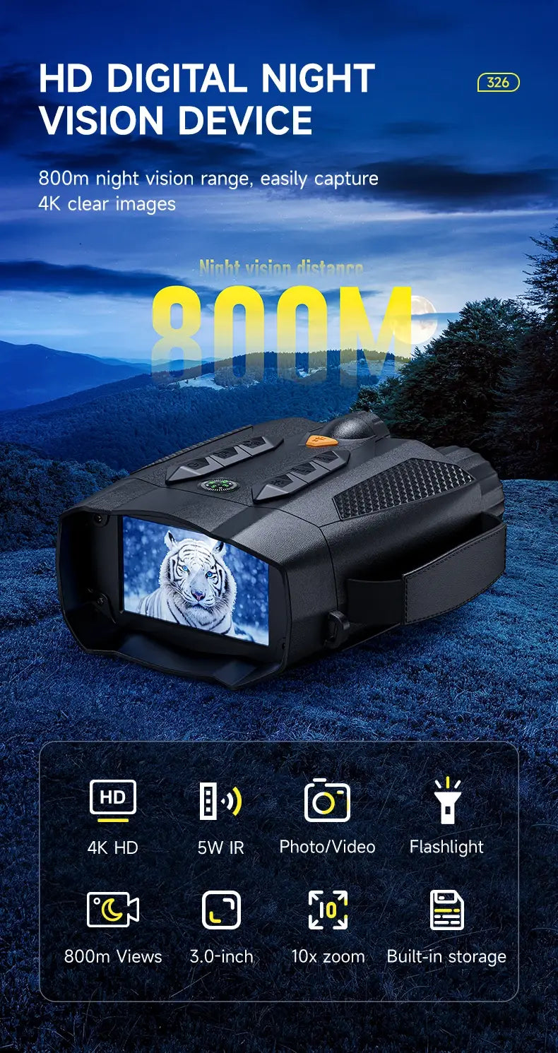 Binóculos de visão noturna 10X 800M Óculos infravermelhos térmicos de longa distância Telescópio ótico digital 4K para caça na escuridão