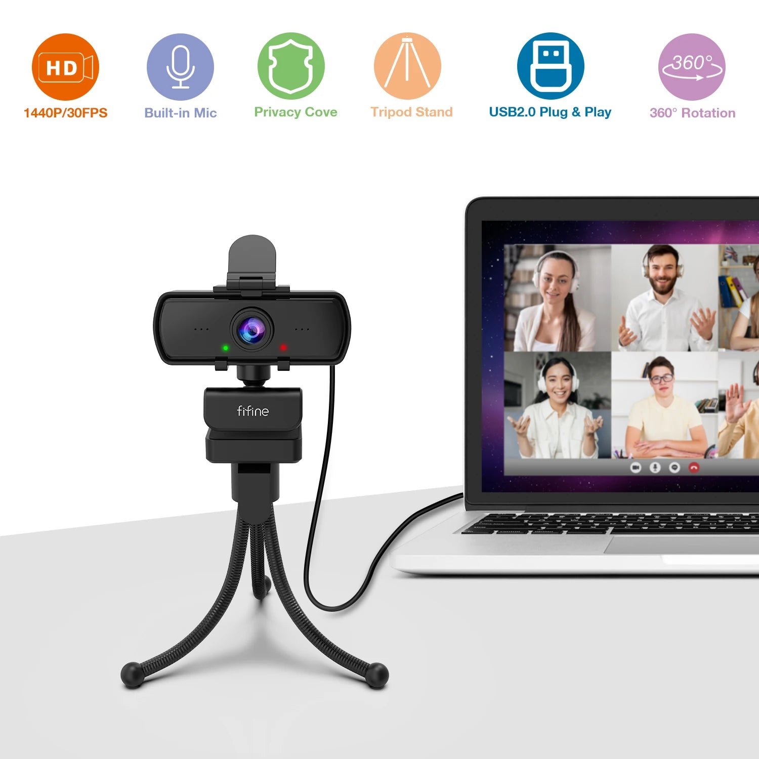 Webcam FIFINE 1440p Full HD para PC com microfone, tripé, para desktop e portátil USB, webcam para transmissão em direto para videochamadas - K420