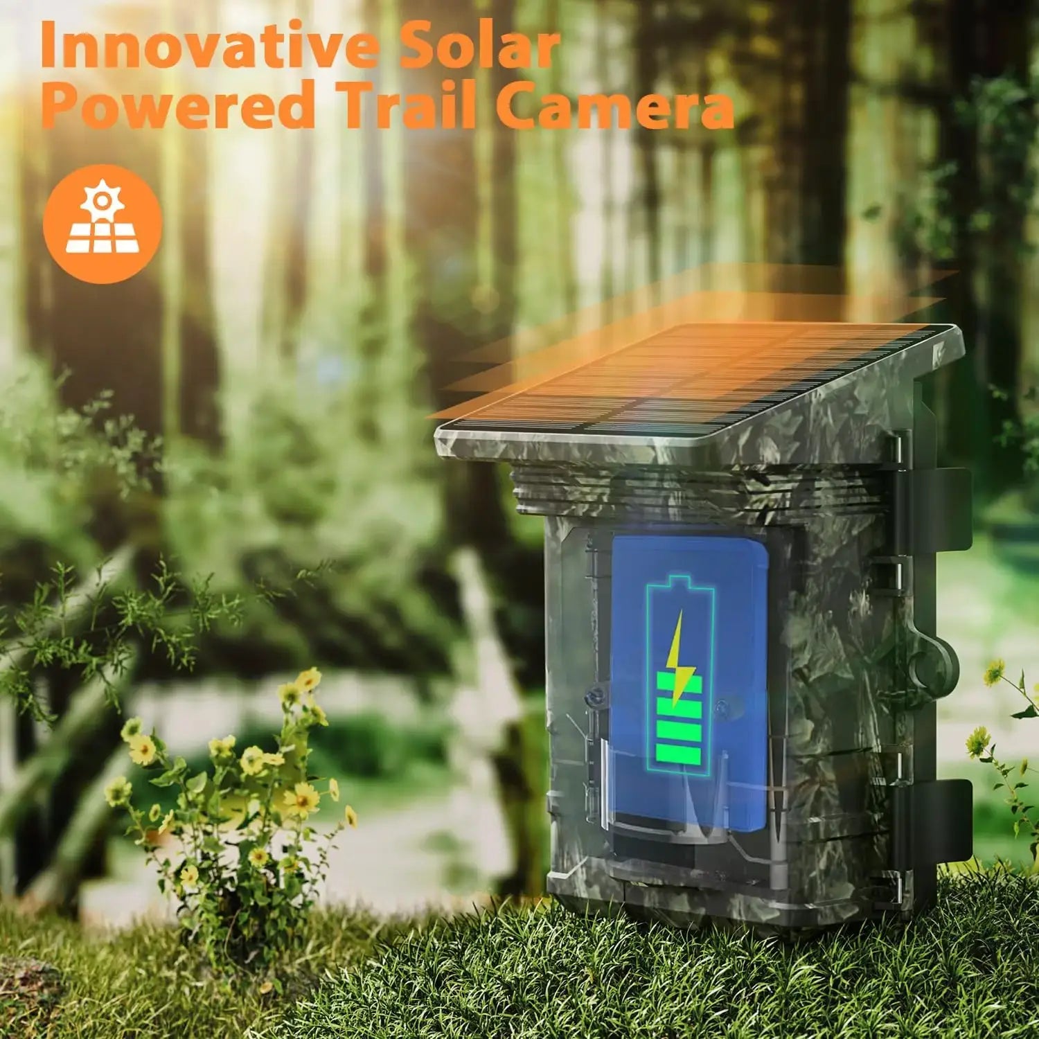 Câmara de caça com painel solar 30MP 2K, visão noturna infravermelha, monitorização de vida selvagem, armadilha para trilhos, câmara de vídeo, gravador de fotografias