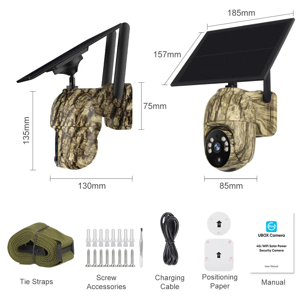 Câmara solar Ubox WiFi 4G LTE Câmara de rasto celular com painel solar Câmara de segurança Visão noturna a cores para vida selvagem ao ar livre