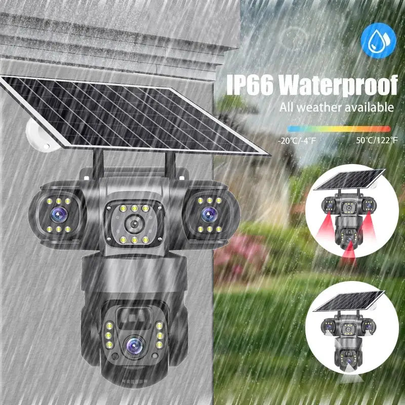 Câmara solar 4G Sim Outdoor 3 lentes 3 ecrãs Zoom 10X PIR Câmaras de deteção humana à prova de água Visão noturna CCTV Proteção de segurança
