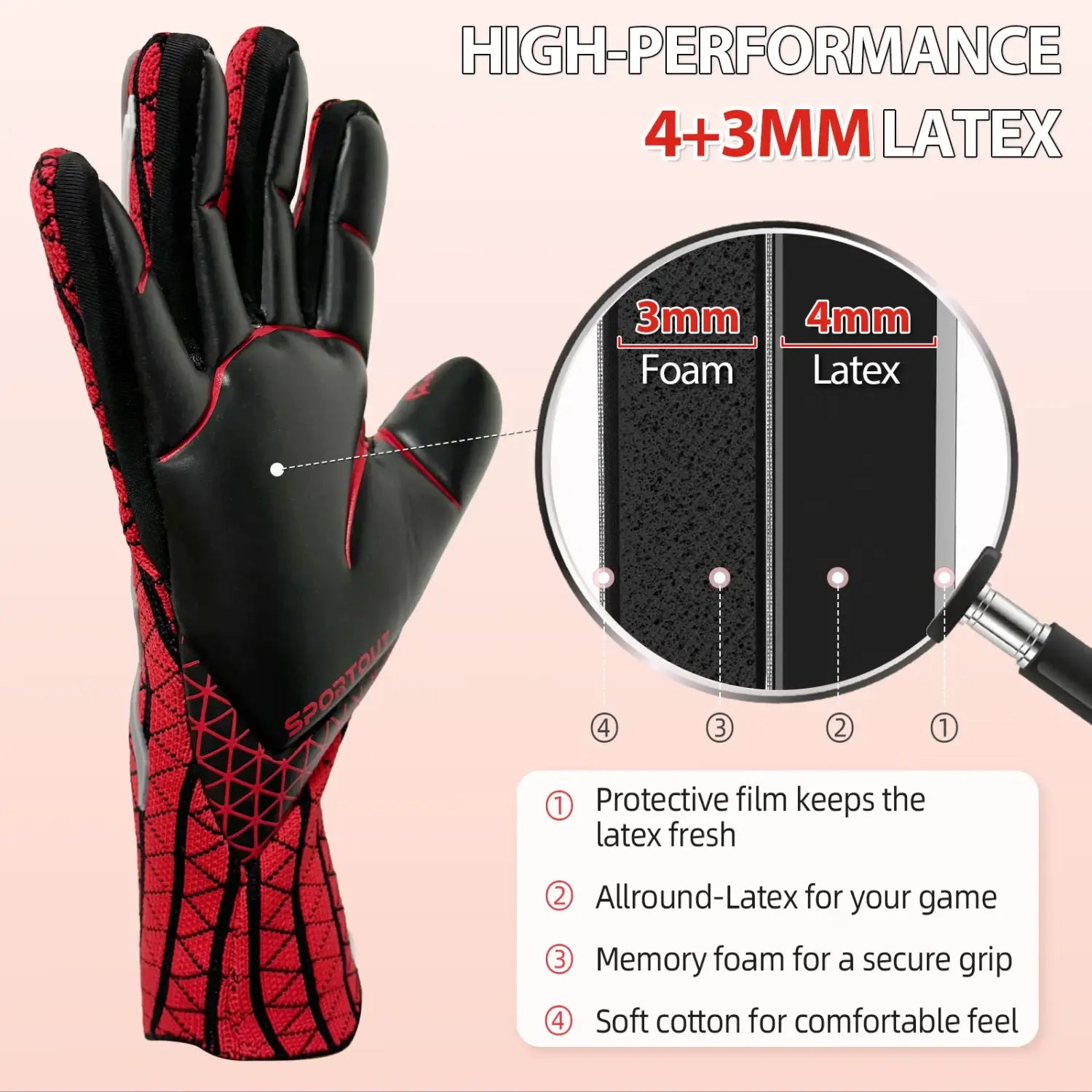 Luvas de guarda-redes, luvas de guarda-redes para homem, luvas de futebol, látex 4+3mm com aderência super forte e alta respirabilidade