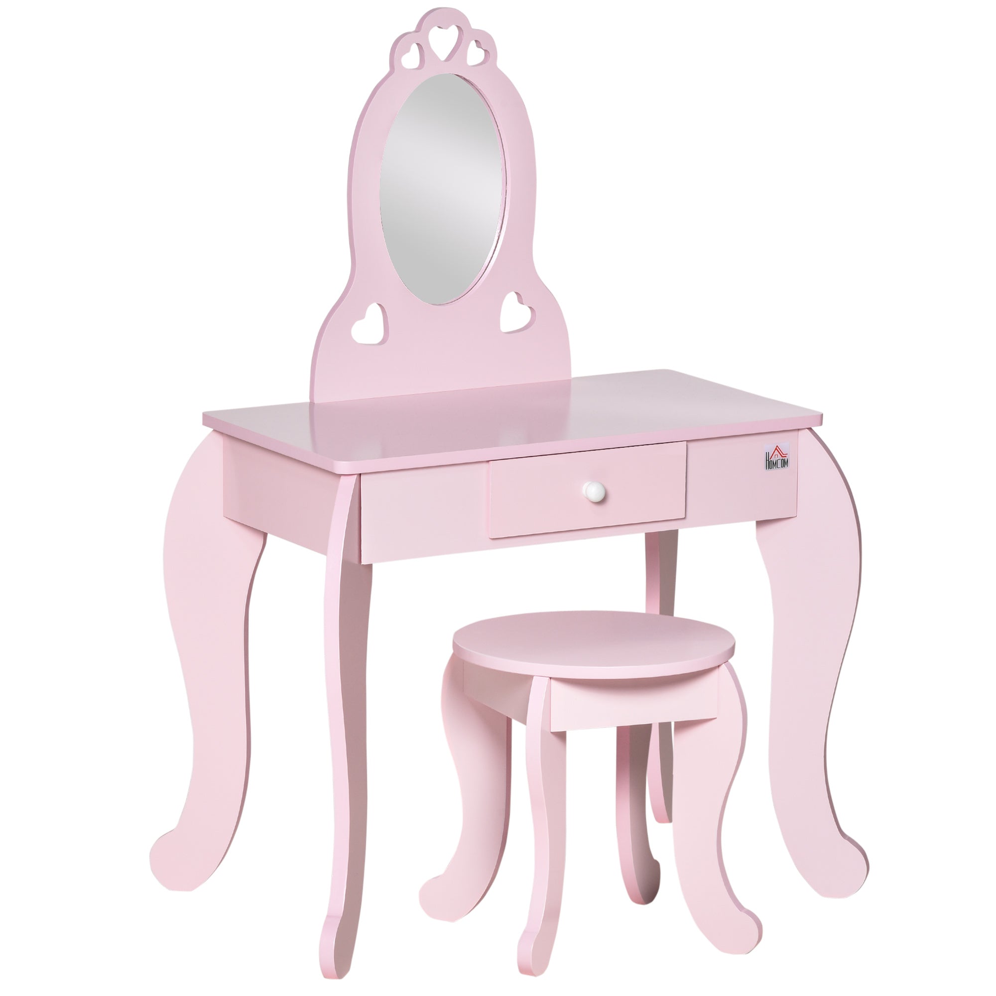 Toucador Infantil com Banco e Espelho Estilo Princesa Mesa de Maquilhagem Infantil com Gaveta 60x36x88cm Rosa