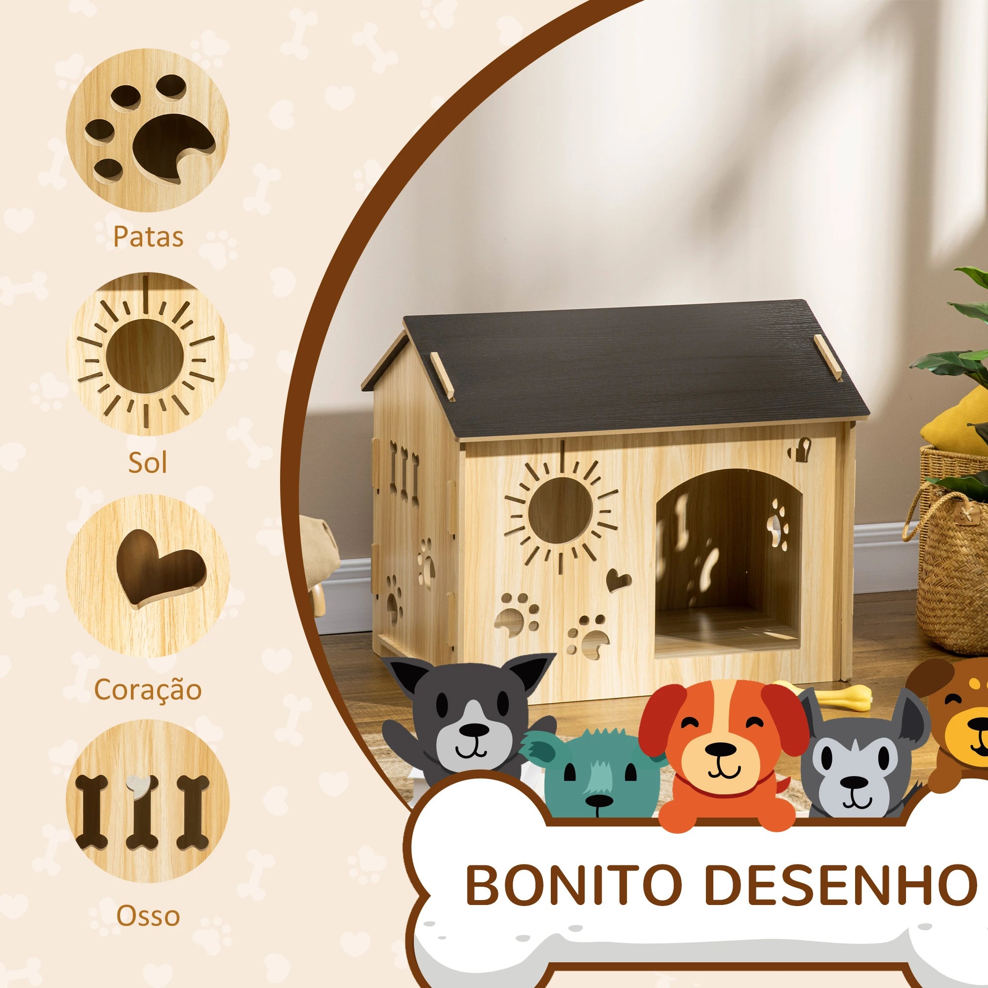 Casa de madeira para cães com porta e desenhos modernos 69x50x58,5cm