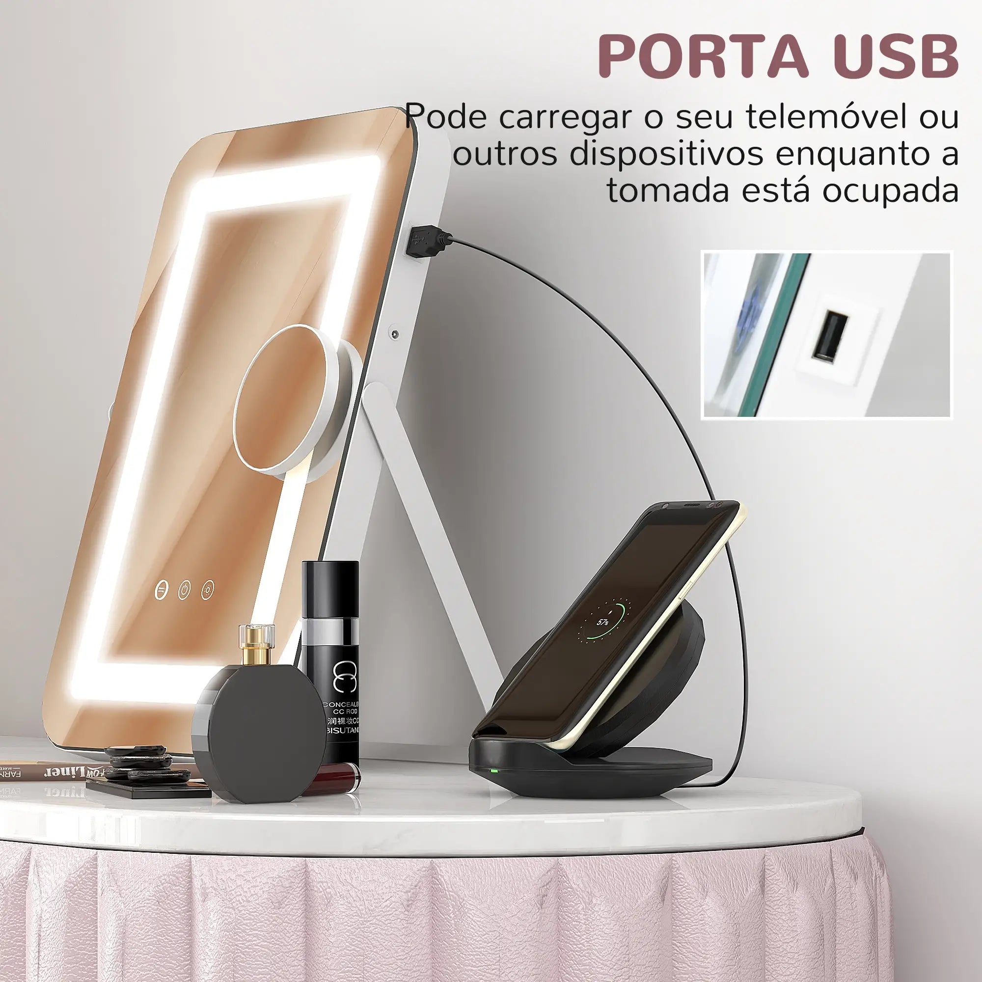 Oglindă de machiaj cu lumini LED și iluminare albă reglabilă