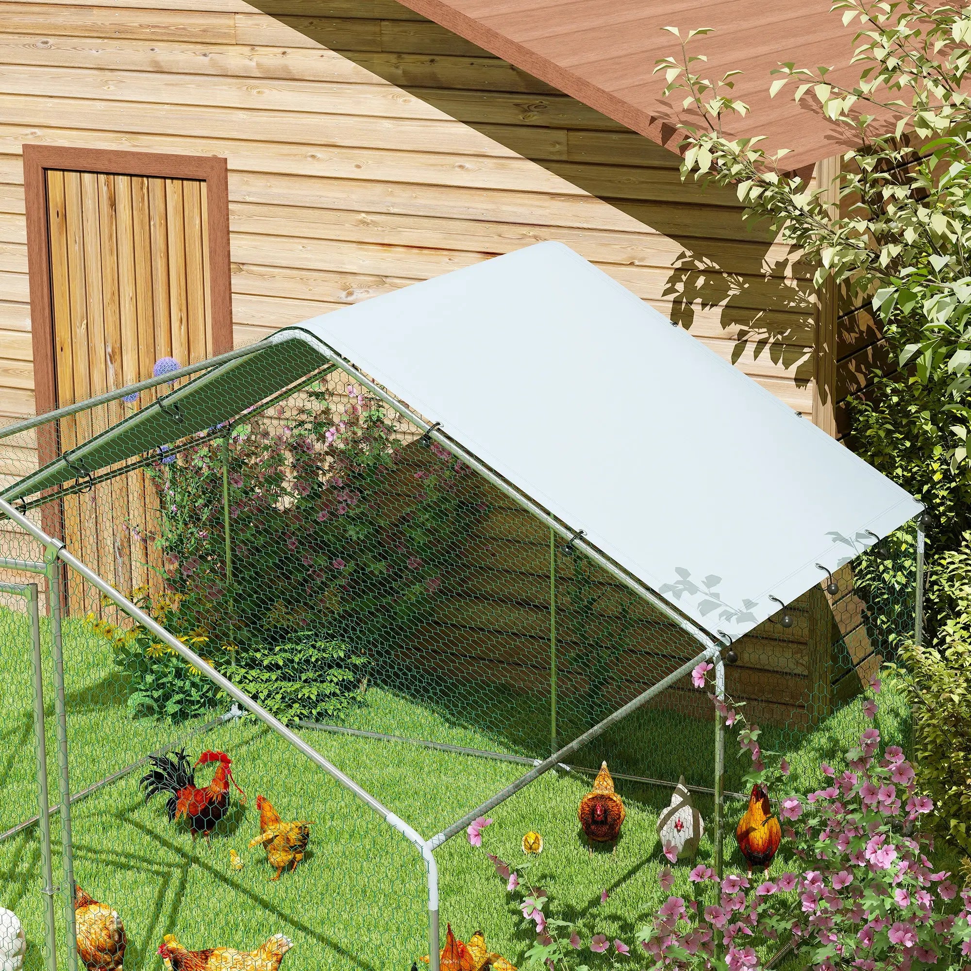 Galinheiro para Exterior 3x3,4x1,9 m Galinheiro de Aço Galvanizado com Cobertura Anti-UV Gaiola para 10-15 Galinhas Prata