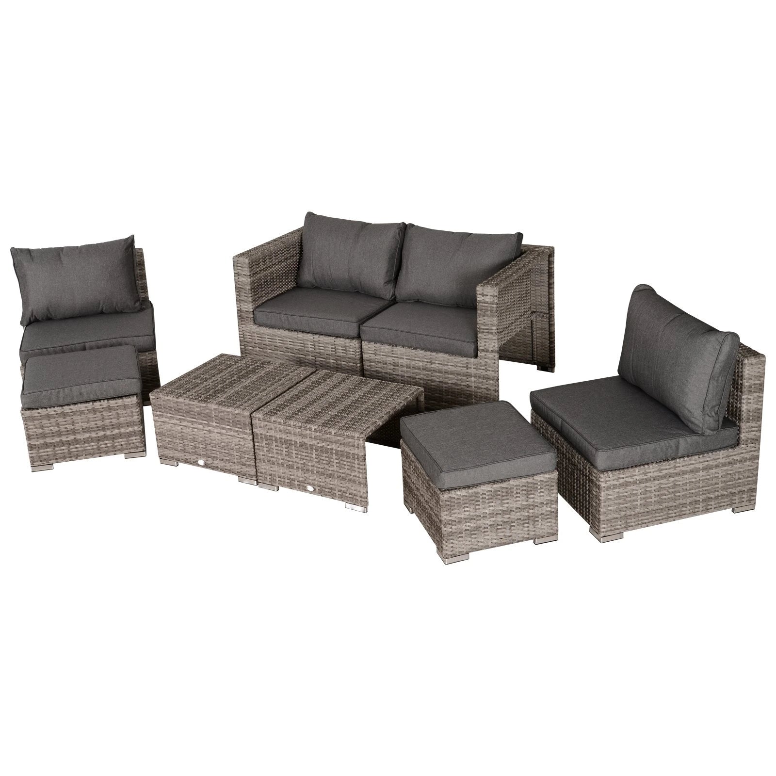 Conjunto de Jardim 8 Peças de Vime com 2 Mesas de Centro Poltronas e 2 Apoio para os Pés Marrom e Cinza
