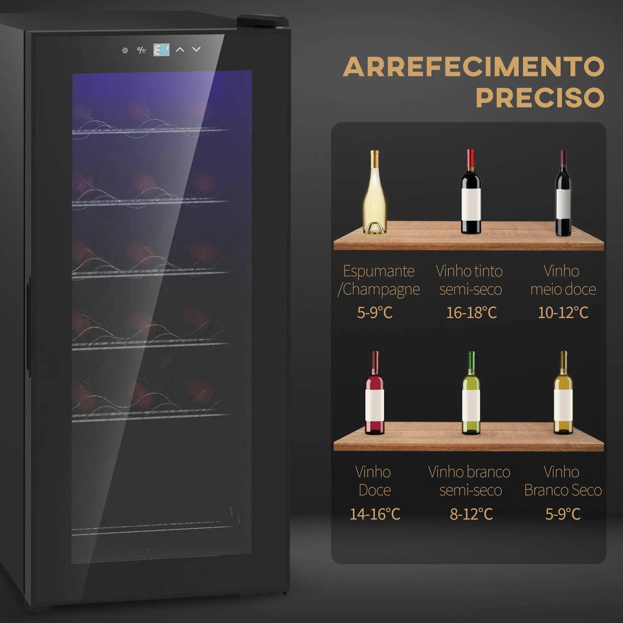 Cave de Vinho 18 Garrafas com Luz LED Ecrã Tátil Digital Controlo de Temperatura Porta de Vidro e 5 Prateleiras Preto
