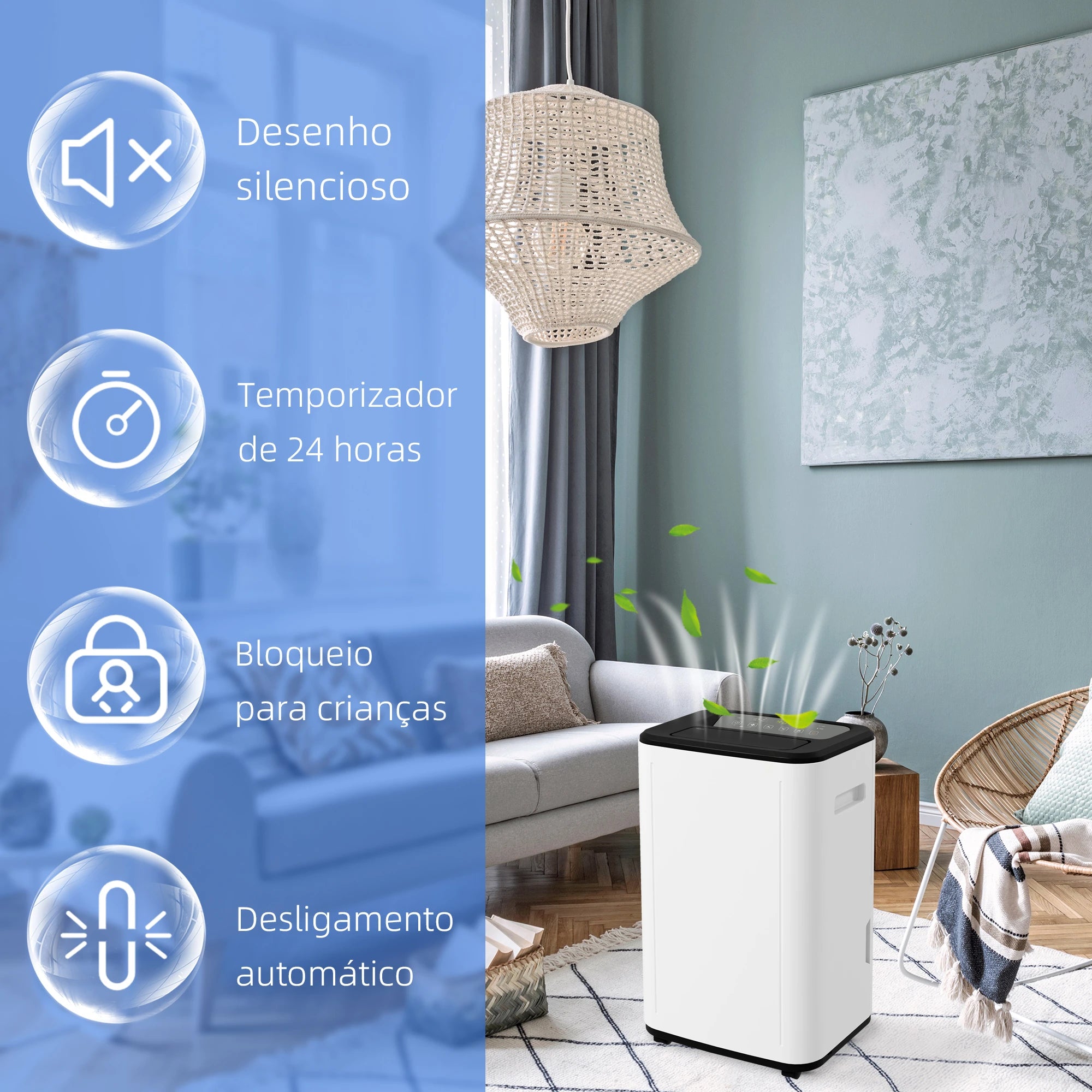Desumidificador Depósito de Água 6 Litros 20L/Dia com 4 Modos 2 Velocidades Ecrã LED Temporizador 33,5x26x53 cm Branco