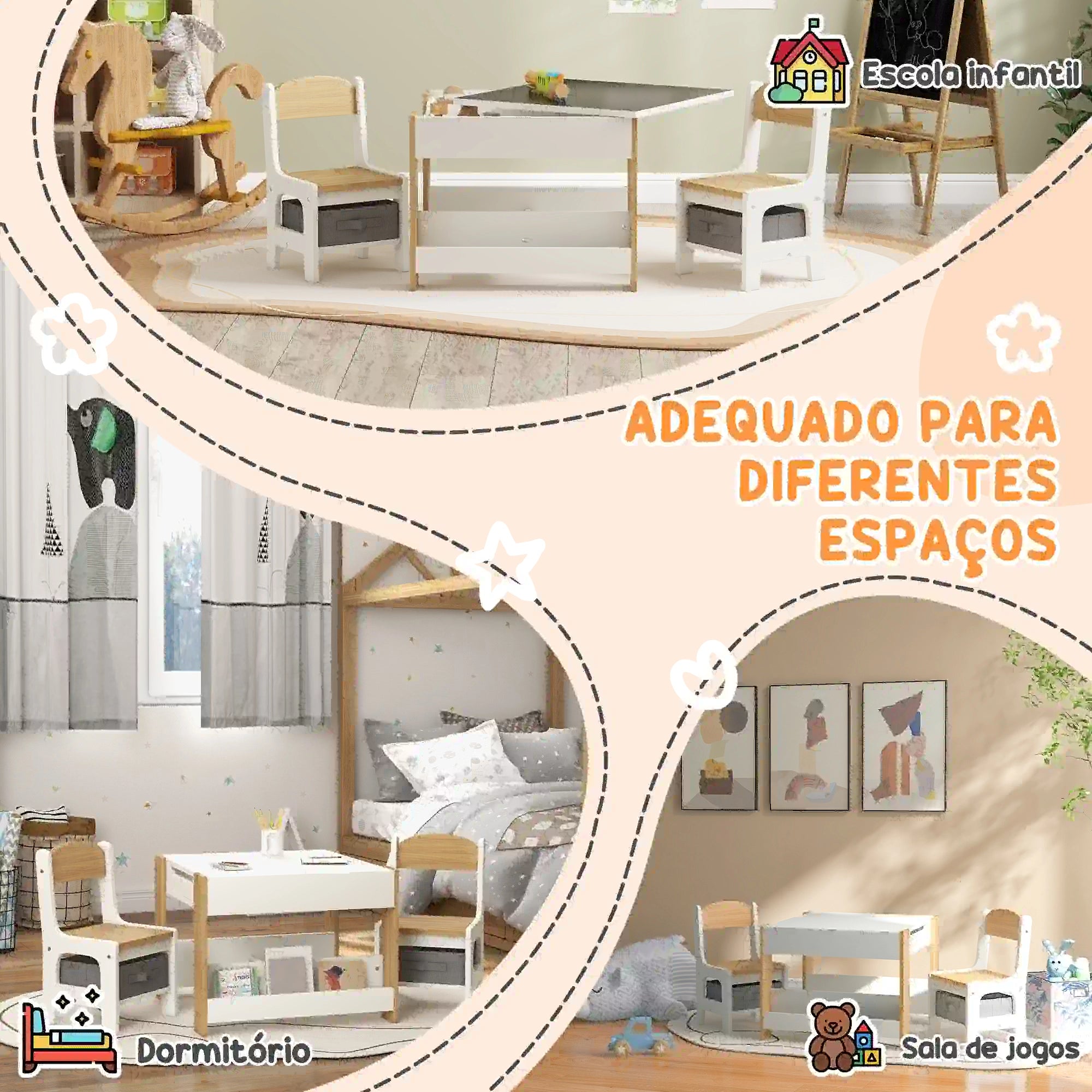 Conjunto de Mesa e 2 Cadeiras Infantis 2 em 1 com Ardósia Gavetas de Tecido e Espaço de Armazenamento para Quarto Cinza