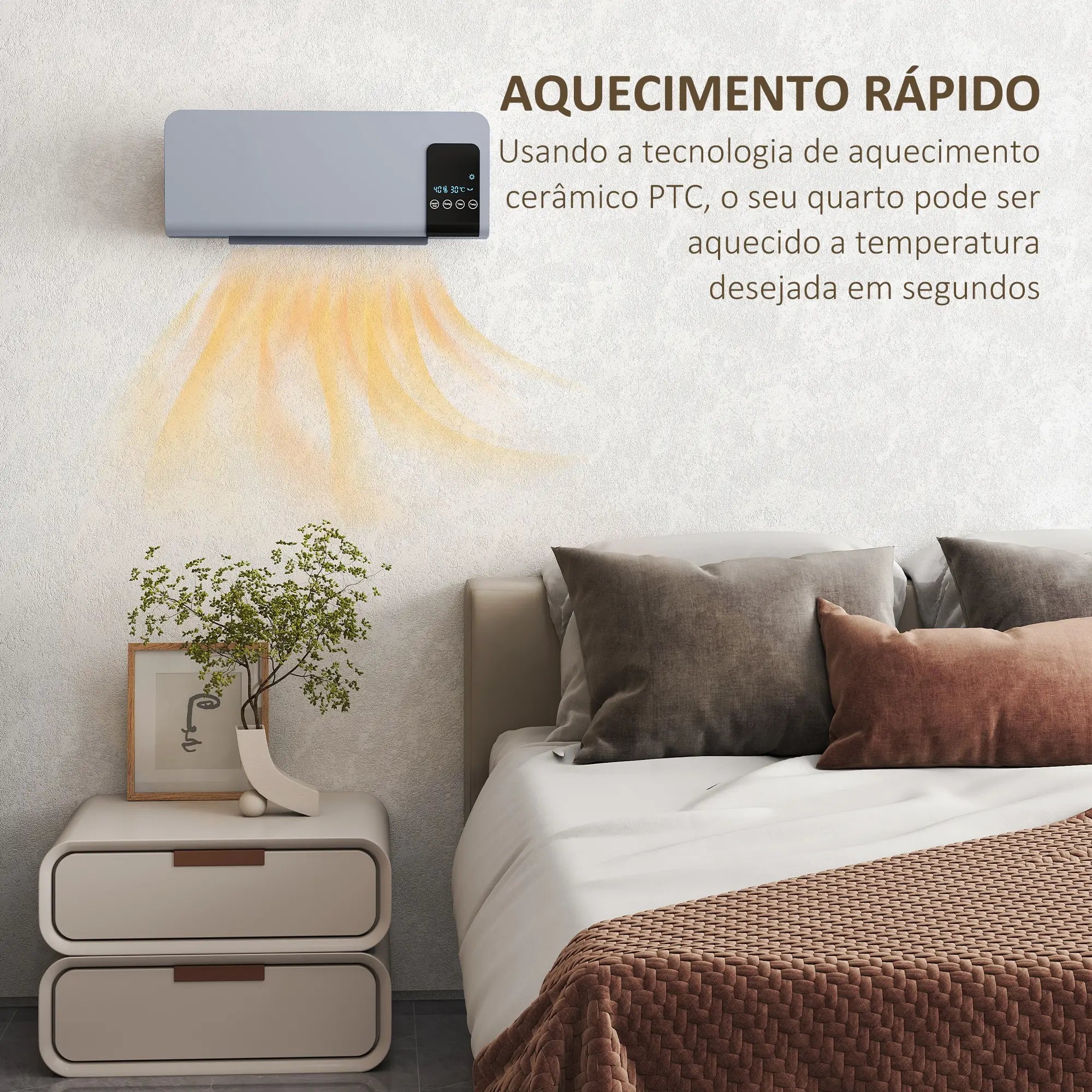 Aquecedor Elétrico de Parede 1000W/2000W com Ecrã LED Controlo Remoto Termostato Temporizador para Áreas de 15-20 m² 54,5x12x21,5 cm Cinzento
