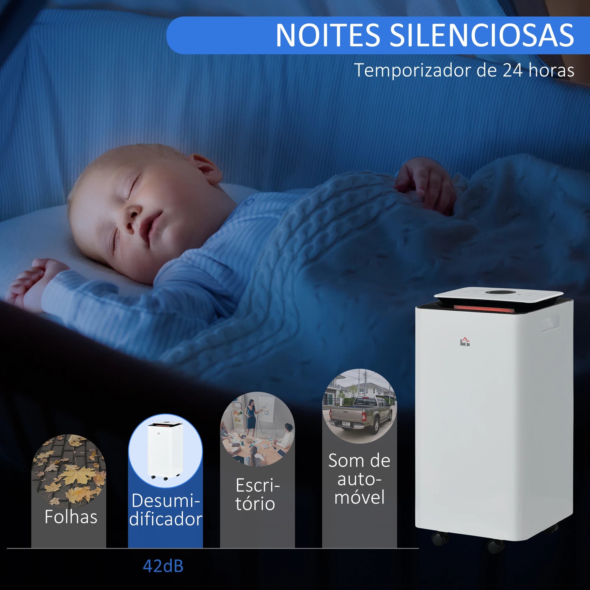 Desumidificador Elétrico 12L/dia Depósito 2,5L Silencioso com 5 Modos 2 Velocidades Ecrã LED e Temporizador 25x25x50,5 cm Branco