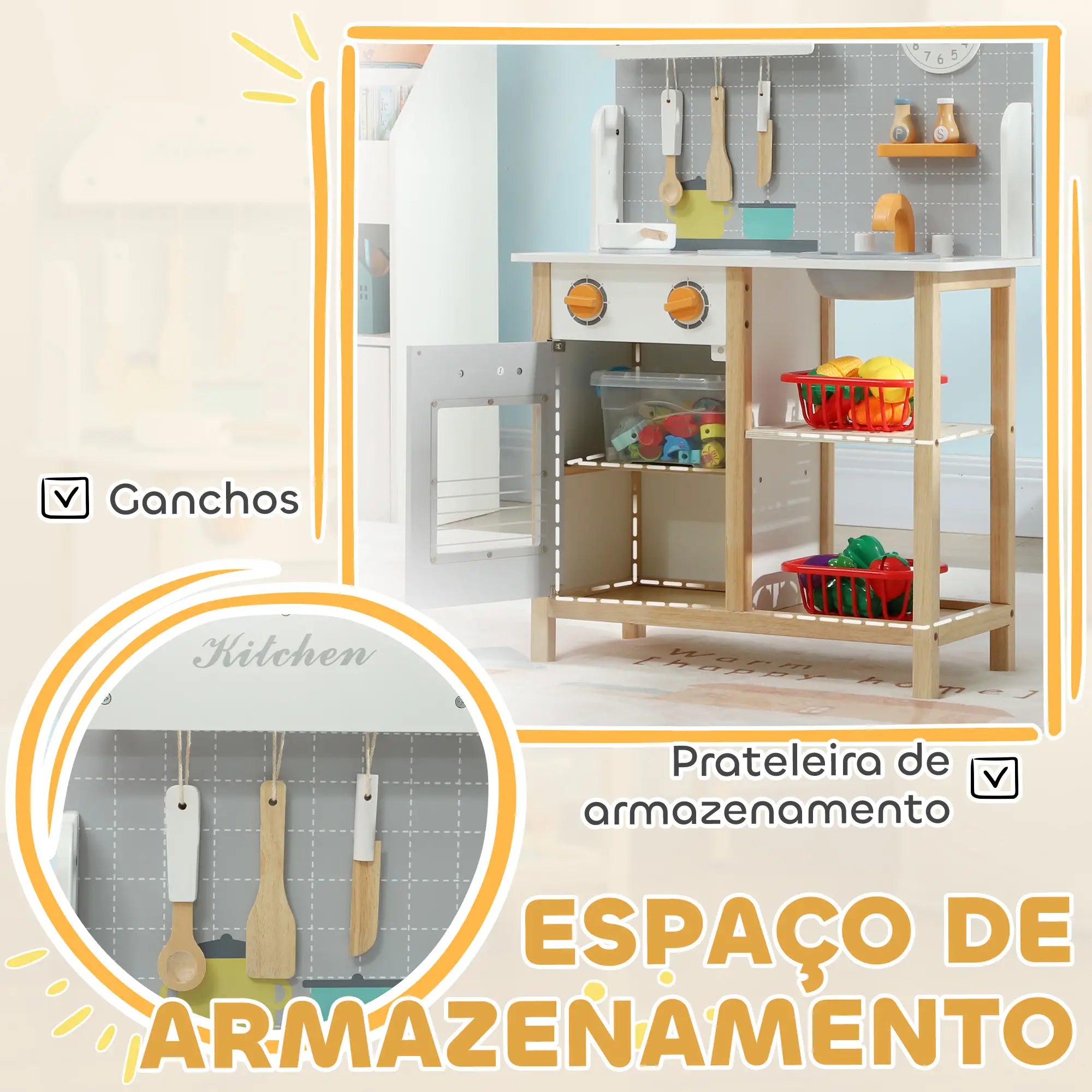 Cozinha de Brinquedo Infantil de Madeira com Acessórios para Crianças