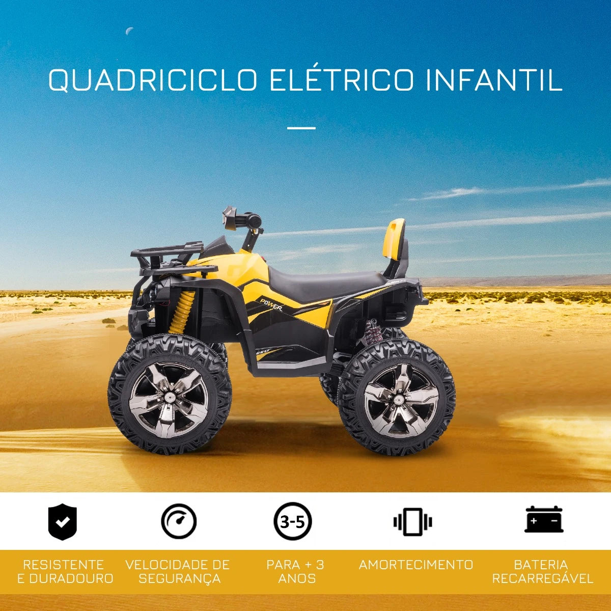 Quadriciclo Elétrico 12V para Crianças de 3-5 Anos com Farol Música Pneus de Suspensão Botões Avance e Retrocesso Veículo Elétrico a Bateria 100x65x73cm Amarelo