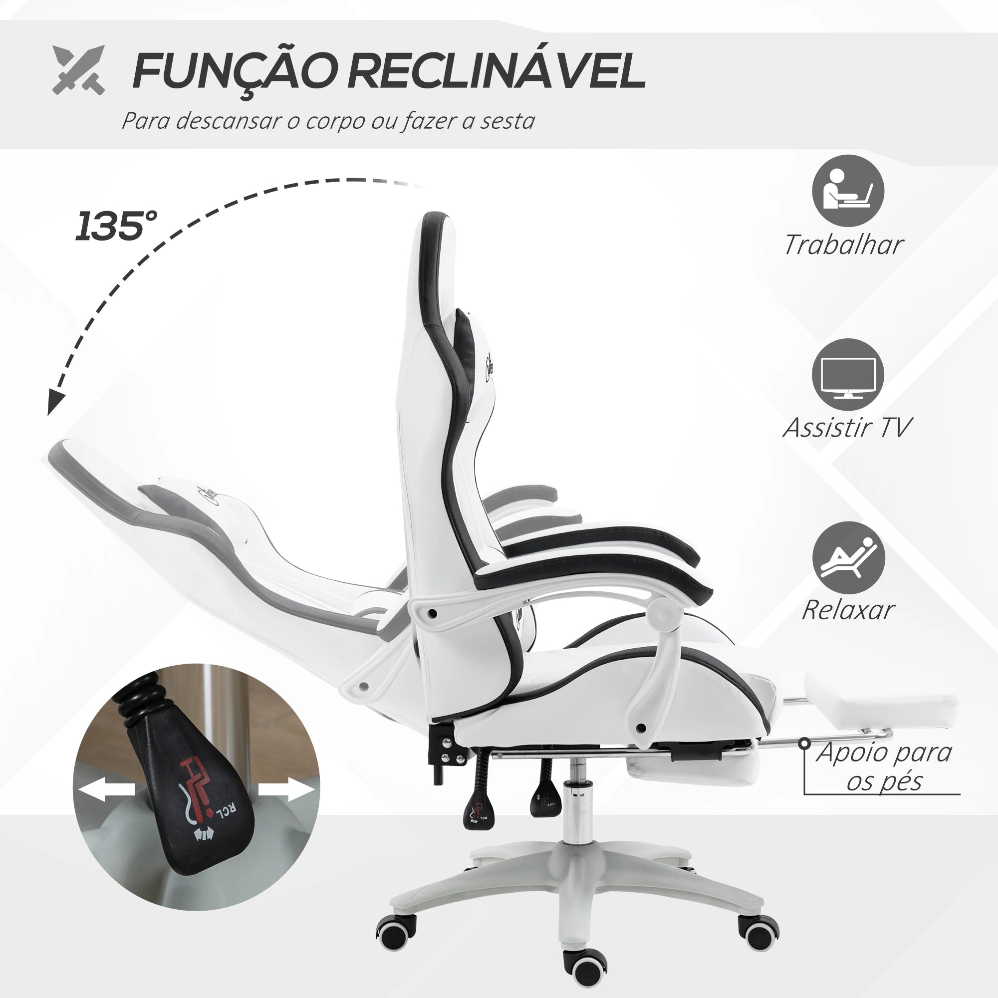Cadeira Gaming de Couro PU com Altura Ajustável Reclinável 135° e Apoio para os Pés Retrátil 65x65x121-129 cm Branco e Preto
