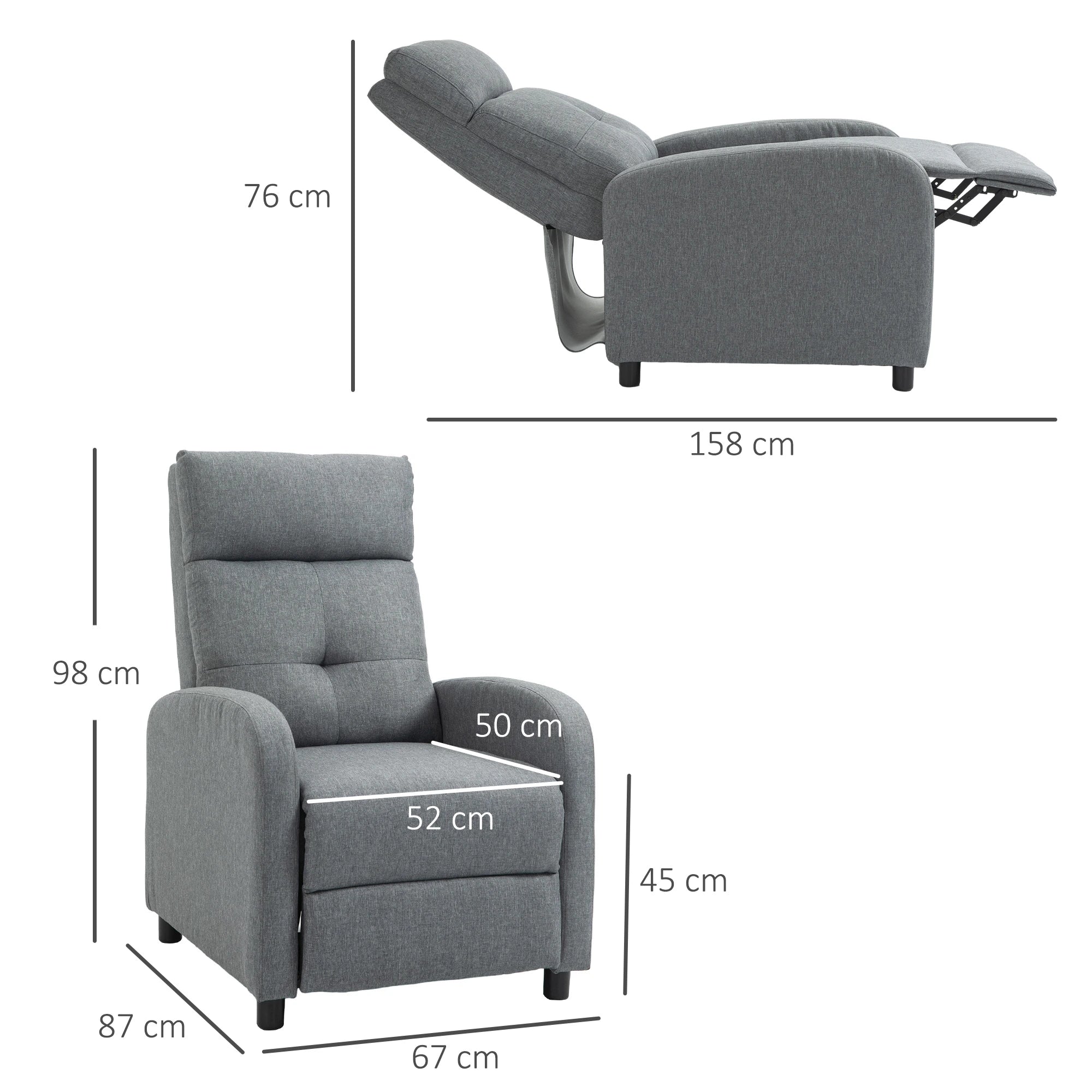 Poltrona Relax Reclinável até 155° Poltrona Reclinável Manual Estofado para Pessoas com Altura Inferior 195 cm 67x87x98 cm Cinza