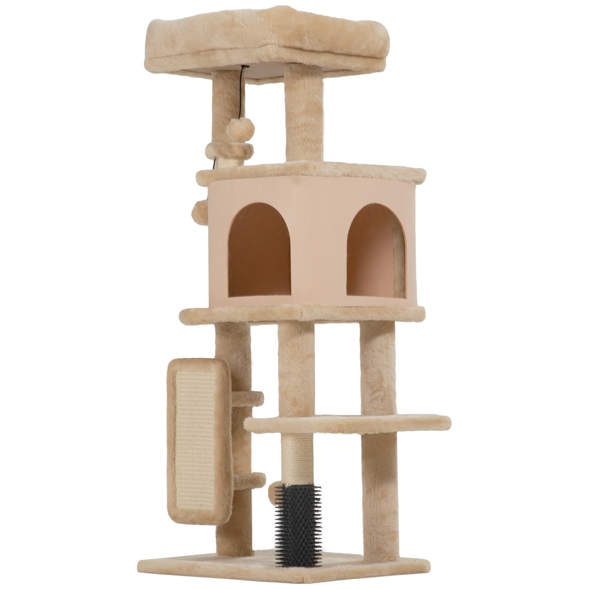 Arranhador para Gatos Grande Altura 132 cm com Plataformas Postes com Escova Bolas Suspensas e Almofadas para Arranhar Bege