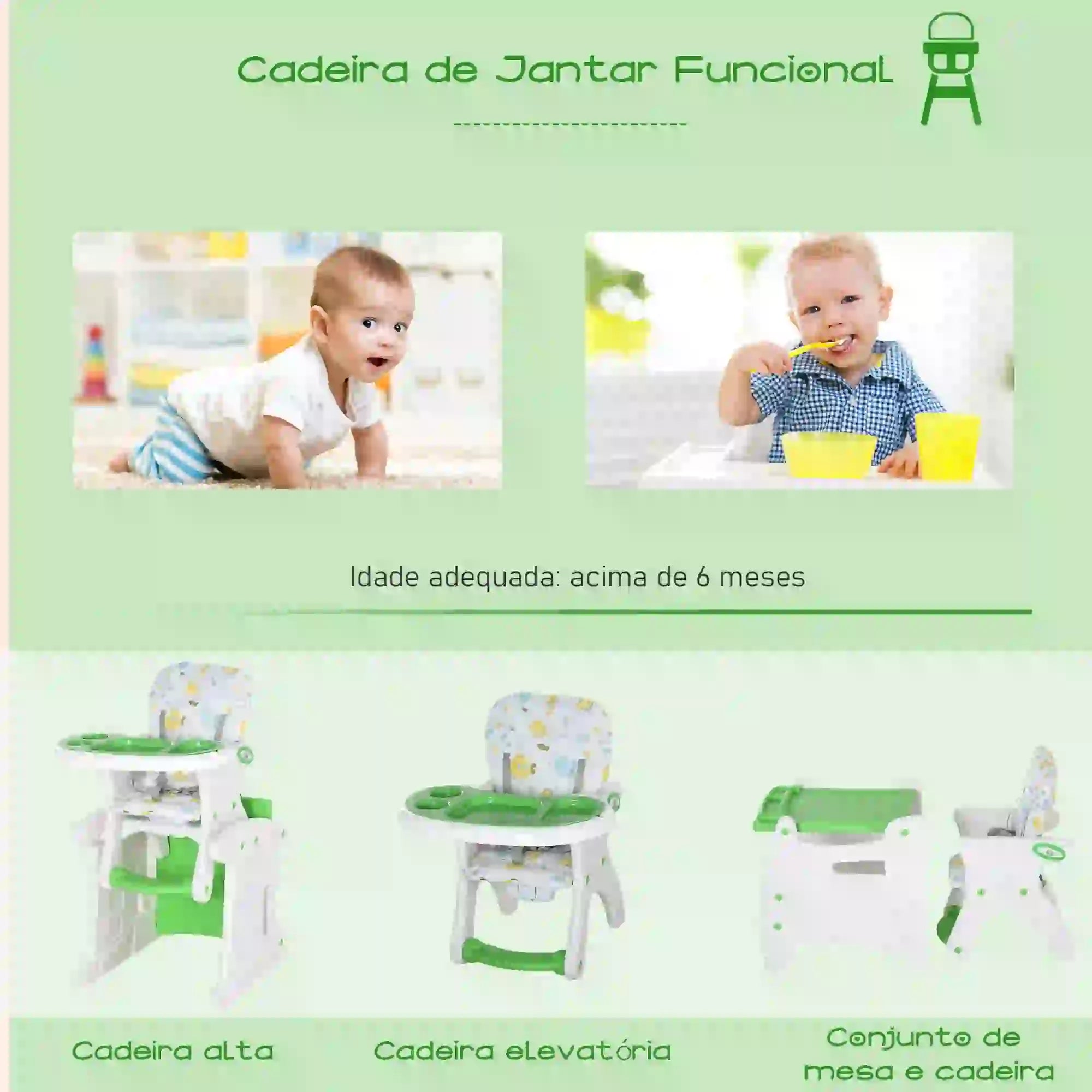 Cadeira para bebês 3 em 1 ajustável verde com mesa integrada