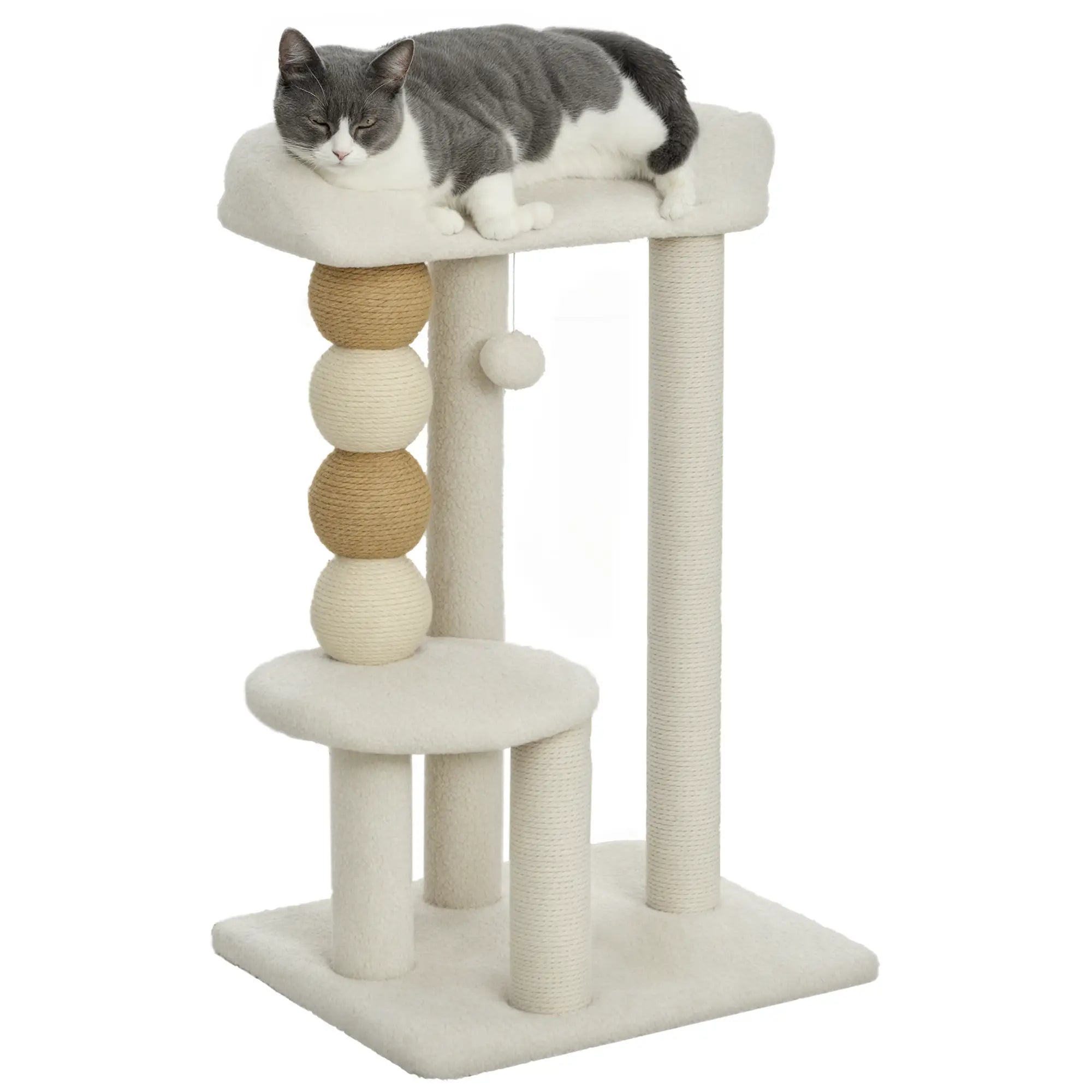 Arranhador para Gatos Arranhador para Gatos com Estofado em Borrego Plataformas Bola Suspensa e Poste de Juta 48,5x40x76 cm Bege