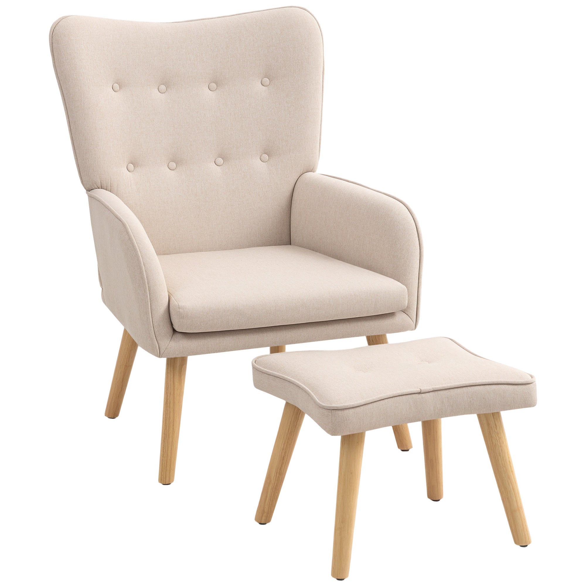 Poltrona com Apoio para Pés Poltrona de Leitura com Capitonê Pés de Madeira e Revestimento em Linho 70x72x94 cm Verde Escuro
