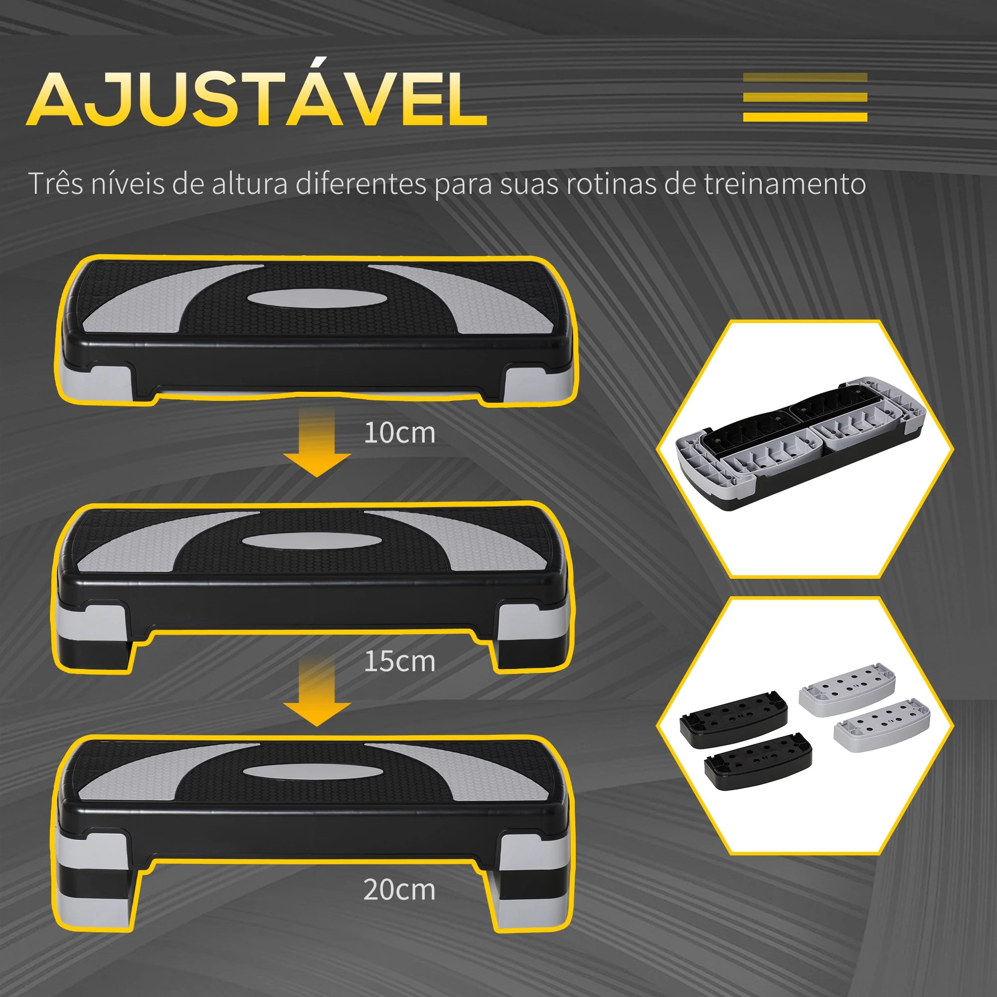Step para Exercício Aeróbico Plataforma Step com Altura Ajustável em 3 Níveis com Carga Máxima 150kg para Exercício em Academia Casa 80x31x10-20cm Preto e Branco