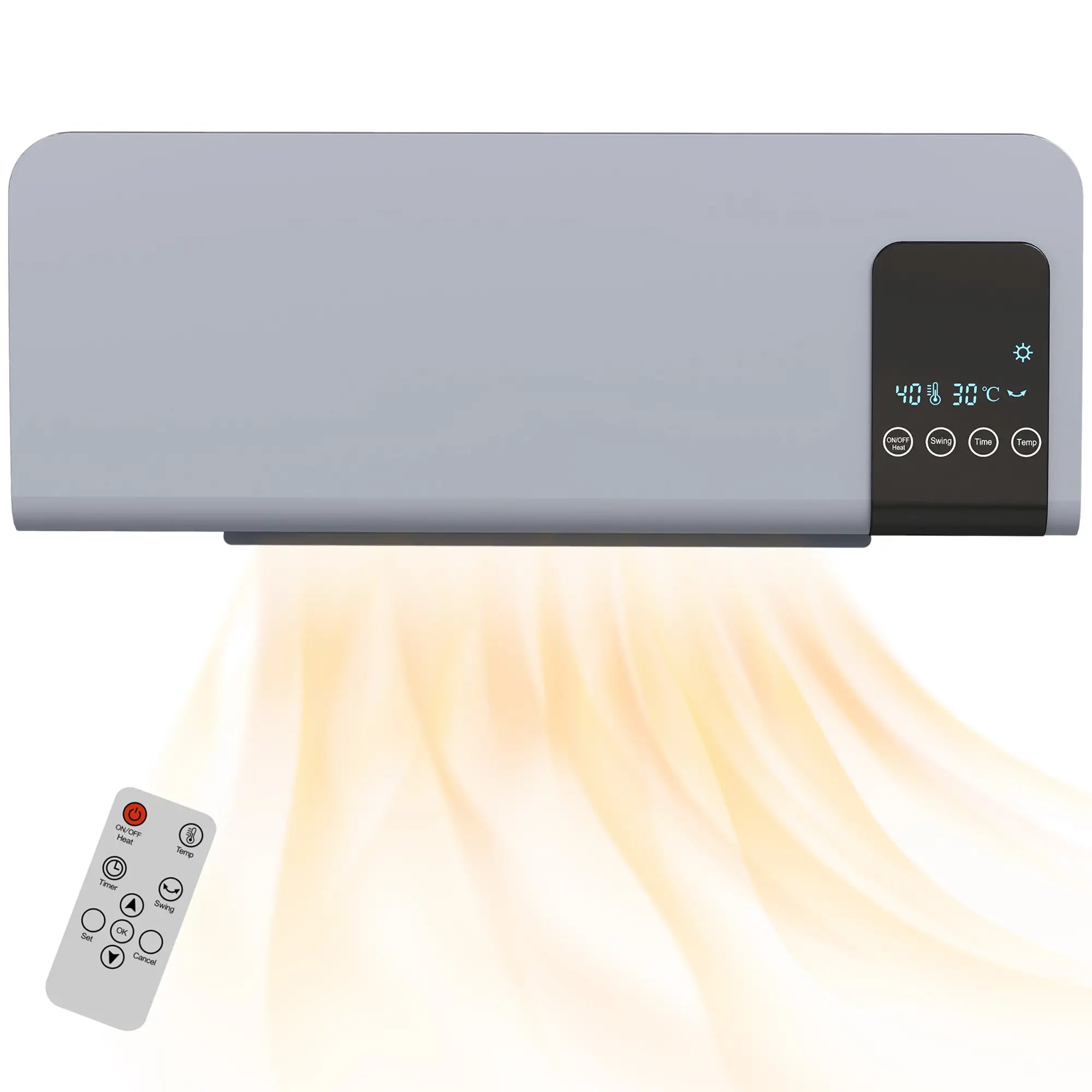Aquecedor Elétrico de Parede 1000W/2000W com Ecrã LED Controlo Remoto Termostato Temporizador para Áreas de 15-20 m² 54,5x12x21,5 cm Cinzento