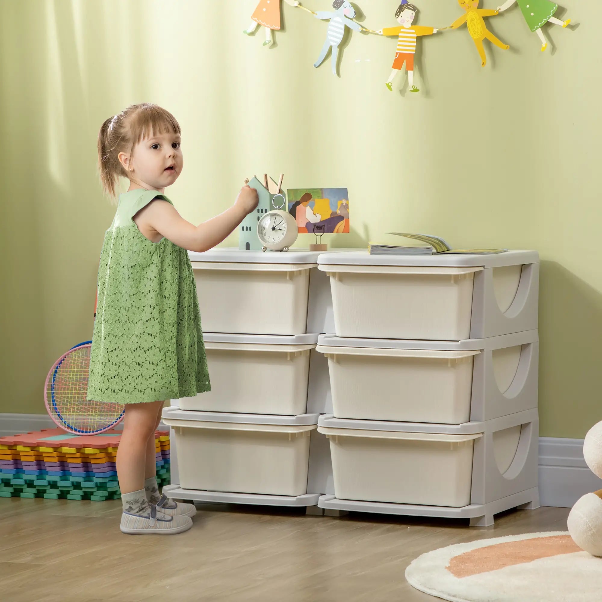 Organizador de Brinquedos com 6 Gavetas para Crianças com Bordas Arredondadas e Pegas 75x37x56,5 cm Creme e Cinza