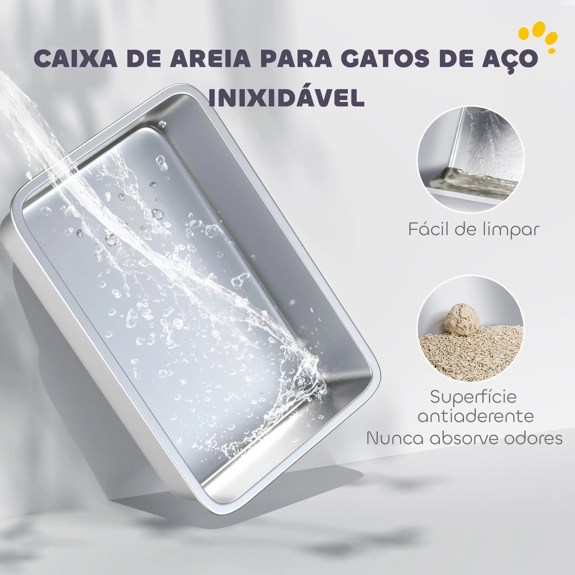 Caixa de areia para gatos em aço inoxidável XL com borda alta