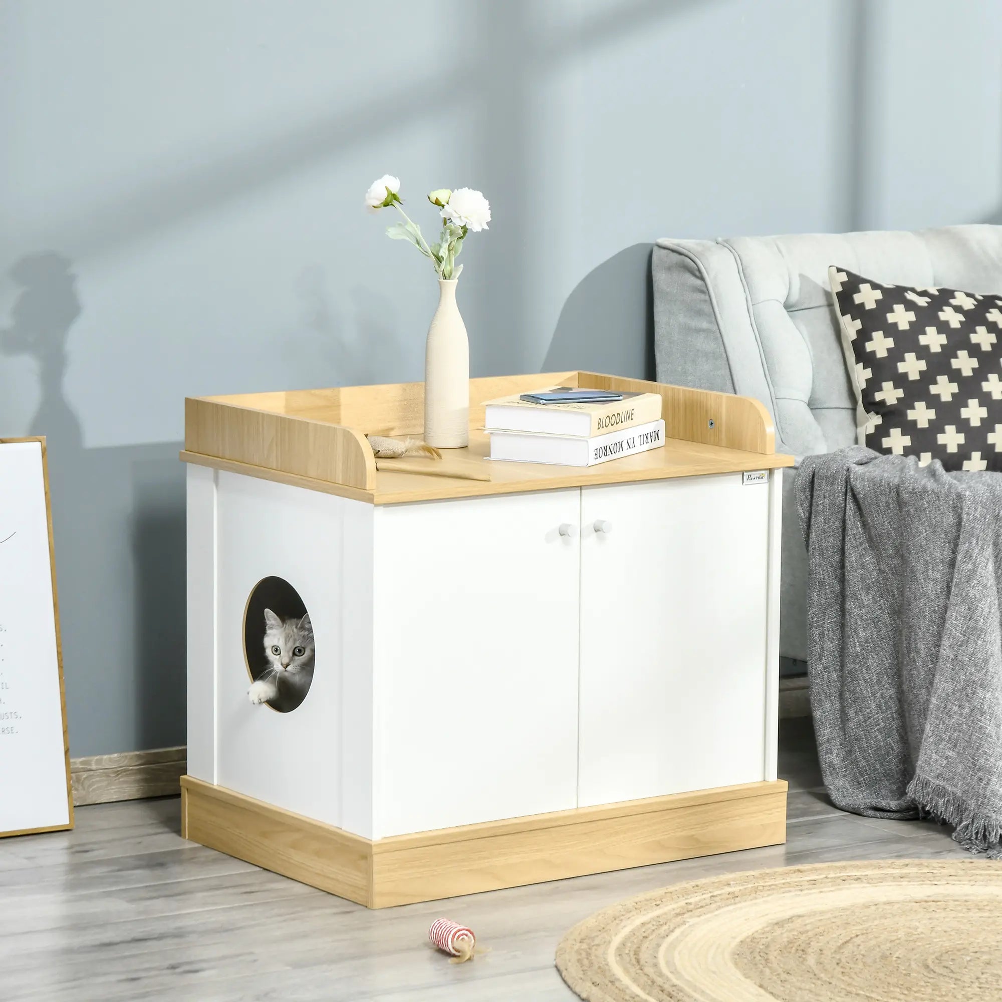 Caixa de Areia para Gatos com Pá Sanita para Animais de Estimação com 2 Portas 44x55x39 cm Branco e Cinza