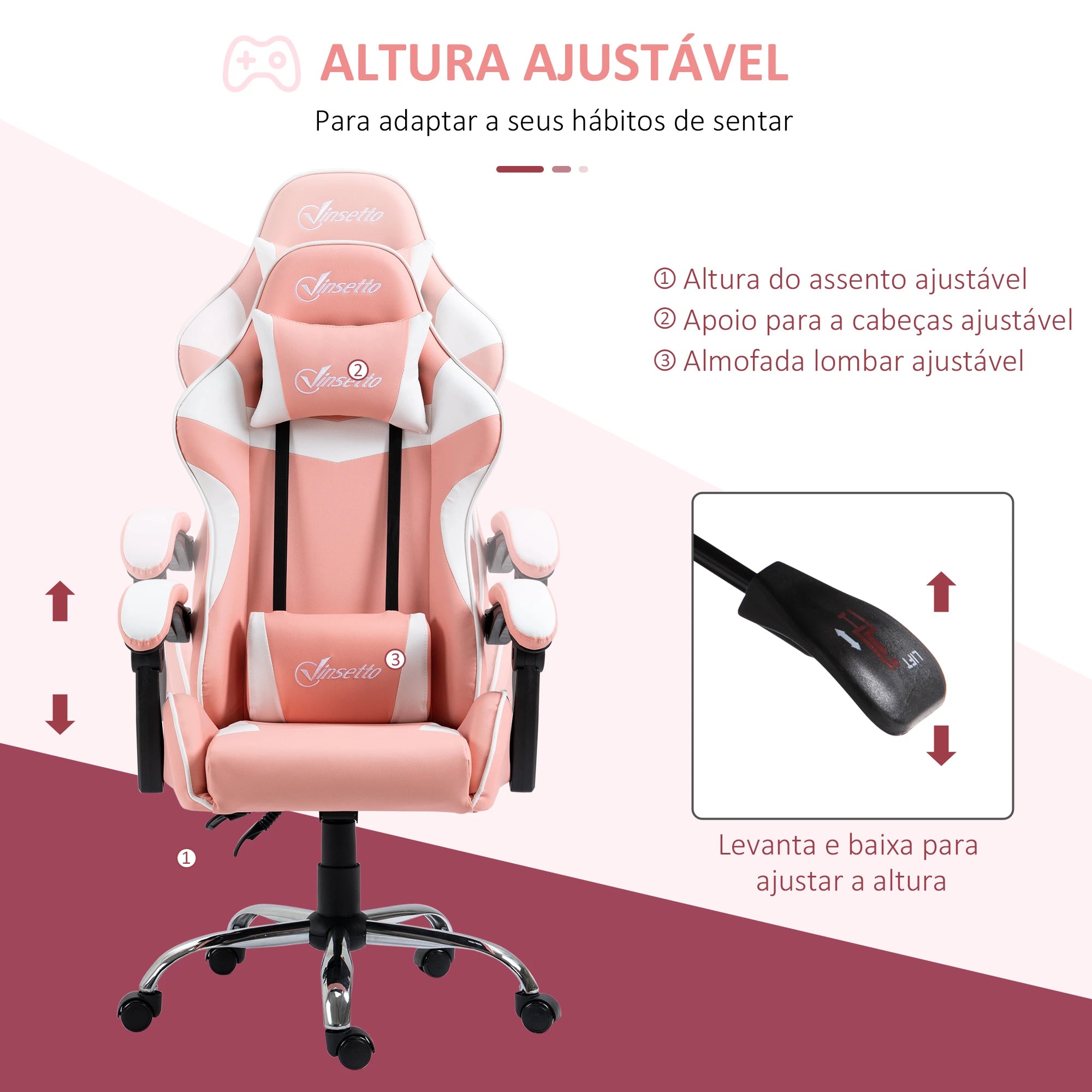 Cadeira Gaming Ergonômica Cadeira Reclinável com Altura Ajustável Apoio para a Cabeça e Lombar 63x67x122-130cm Rosa e Branco
