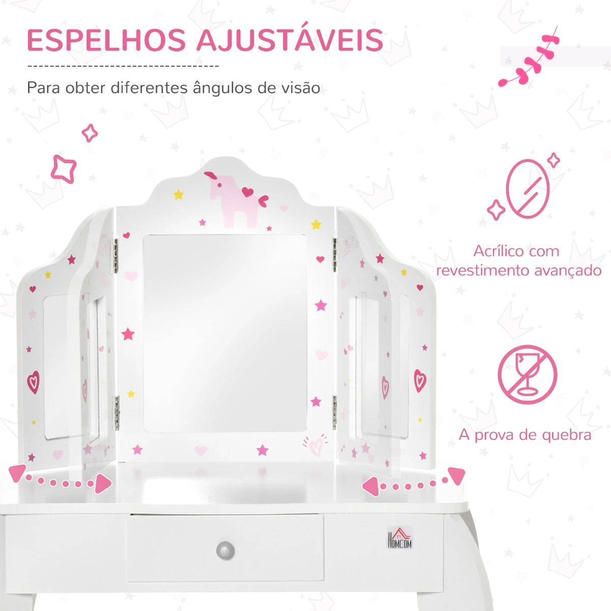 Toucador Infantil de Madeira com Banco e Espelho de Acrílico de 2 Sessões Mesa de Maquilhagem Infantil com Gaveta para Dormitório Sala de Jogos 63x40x85,5cm Branco