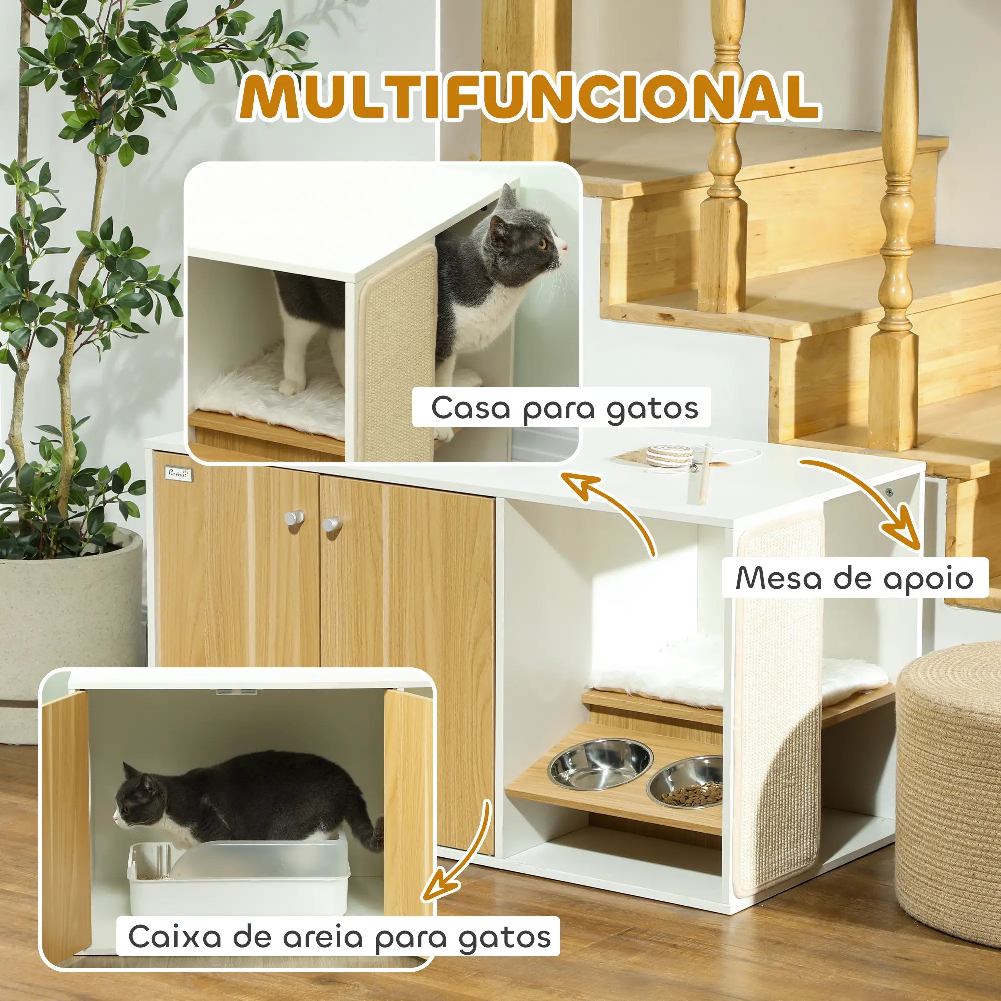 Móvel Caixa de Areia para Gatos 3 em 1 Branco e Carvalho 95x48x50,5 cm