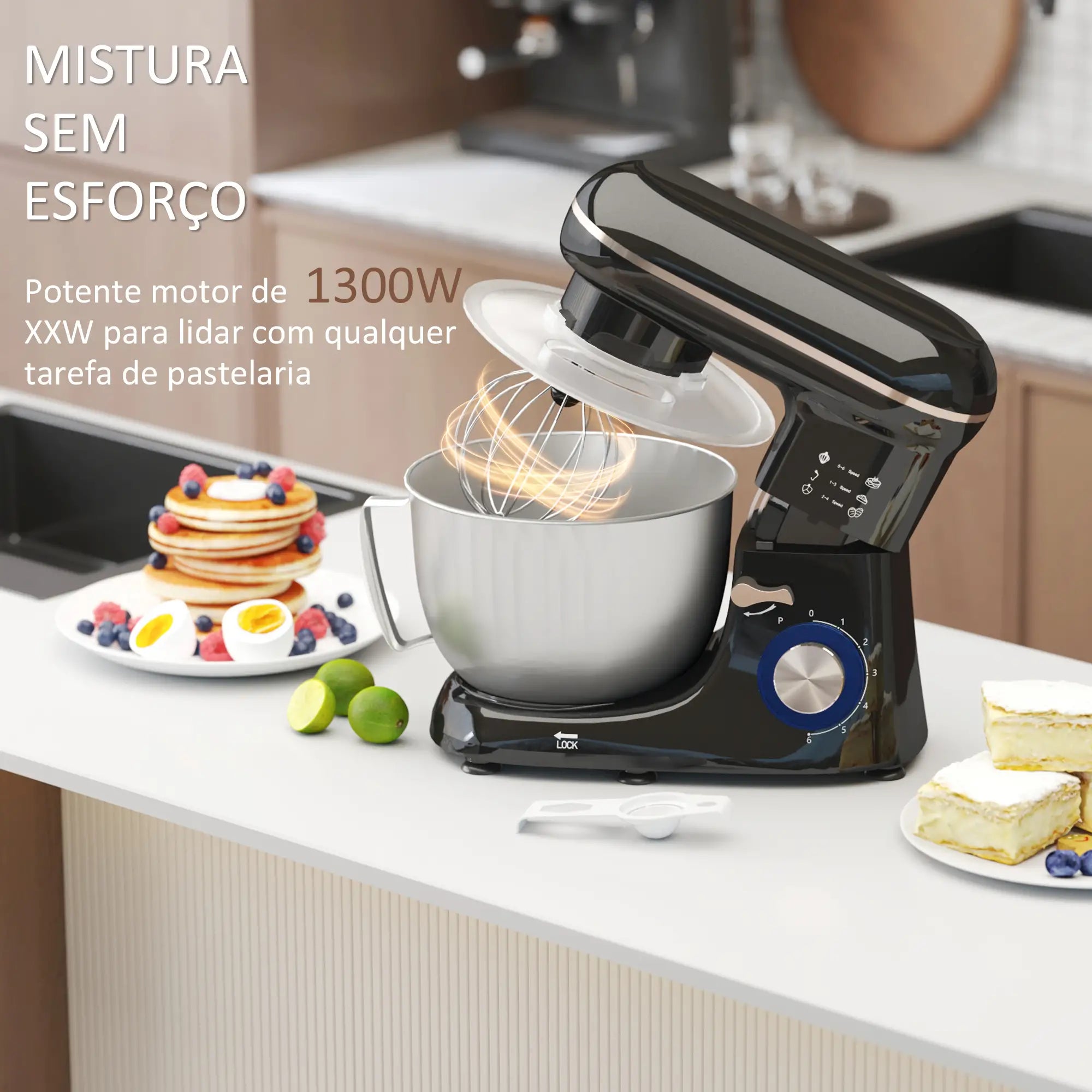 Batedeira 133W 4,5L com 6 Velocidades Tigela de Aço Inoxidável Ganchos e Proteção Tampa Anti-Respingos 35x22x29 cm Preto