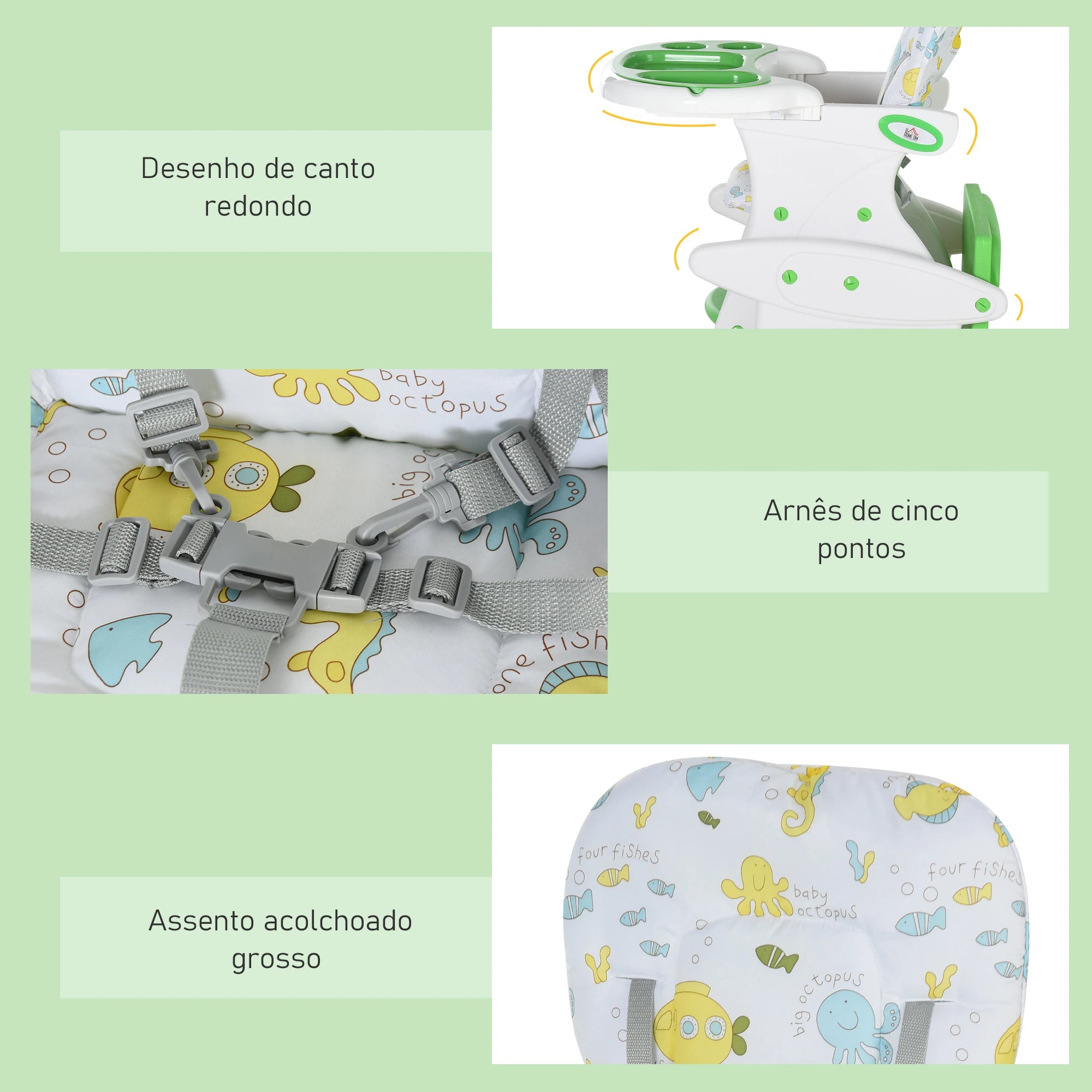 Cadeira para bebês 3 em 1 ajustável verde com mesa integrada