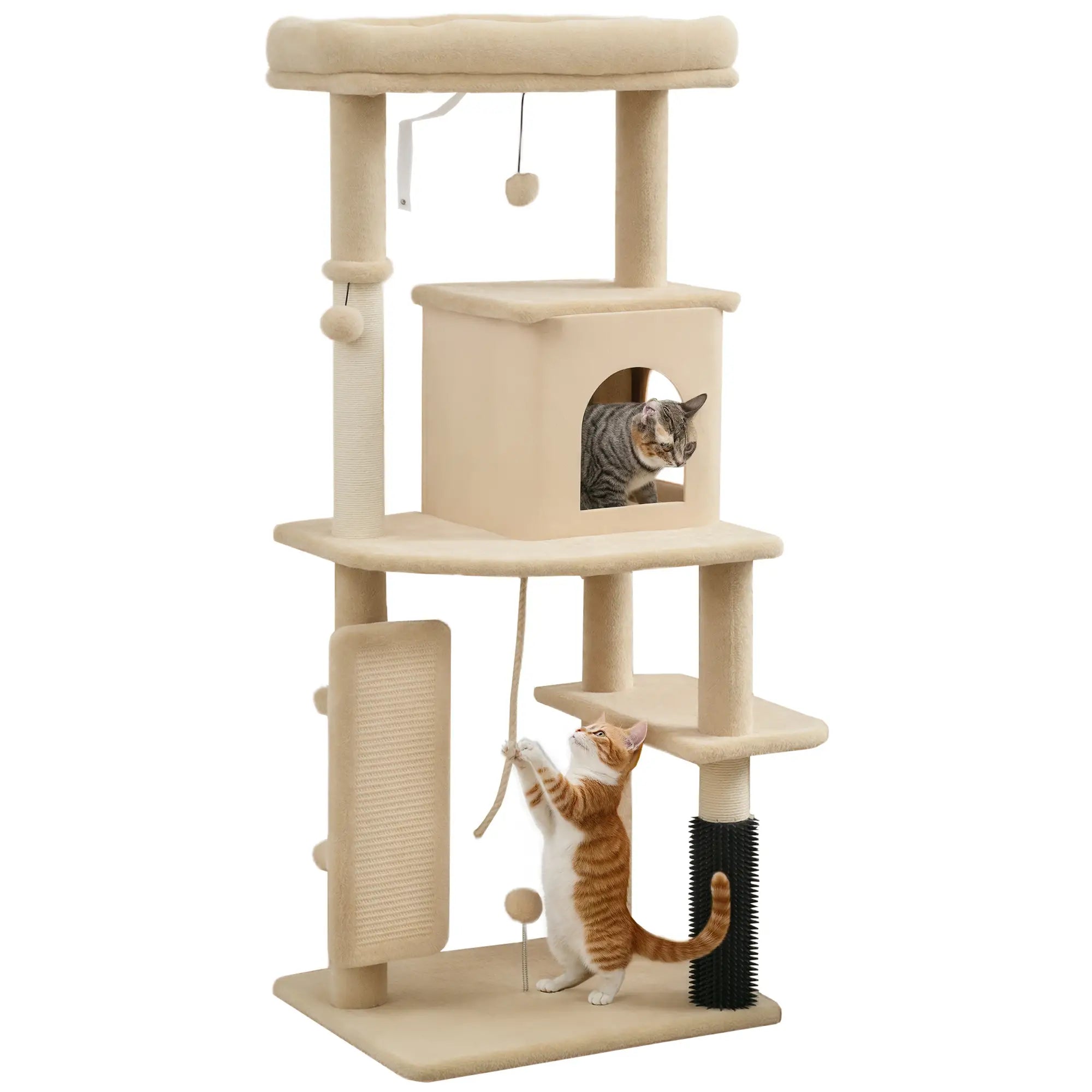 Arranhador para Gatos Grande Altura 132 cm com Plataformas Postes com Escova Bolas Suspensas e Almofadas para Arranhar Bege