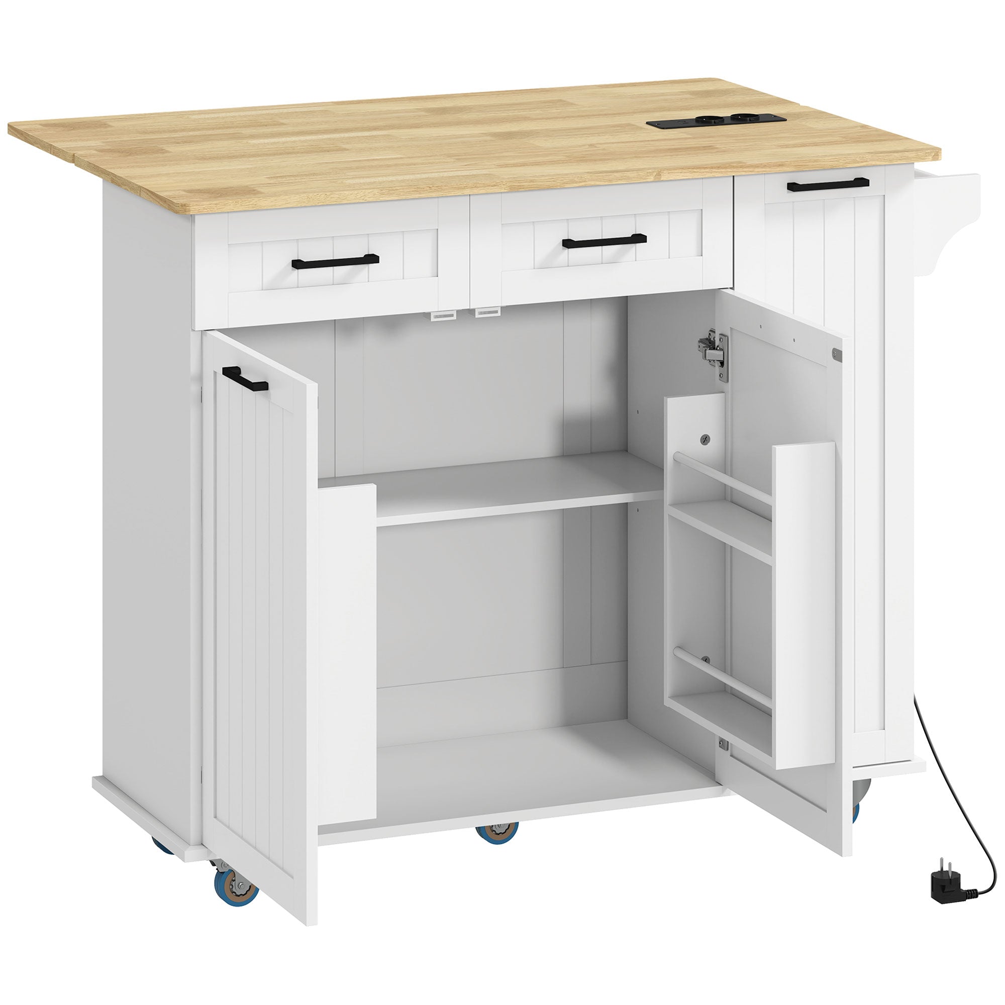 Ilha de Cozinha com Rodas Carrinho de Cozinha com Tomada USB Bancada Rebatível 2 Gavetas 119,5x74x94,5 cm Branco