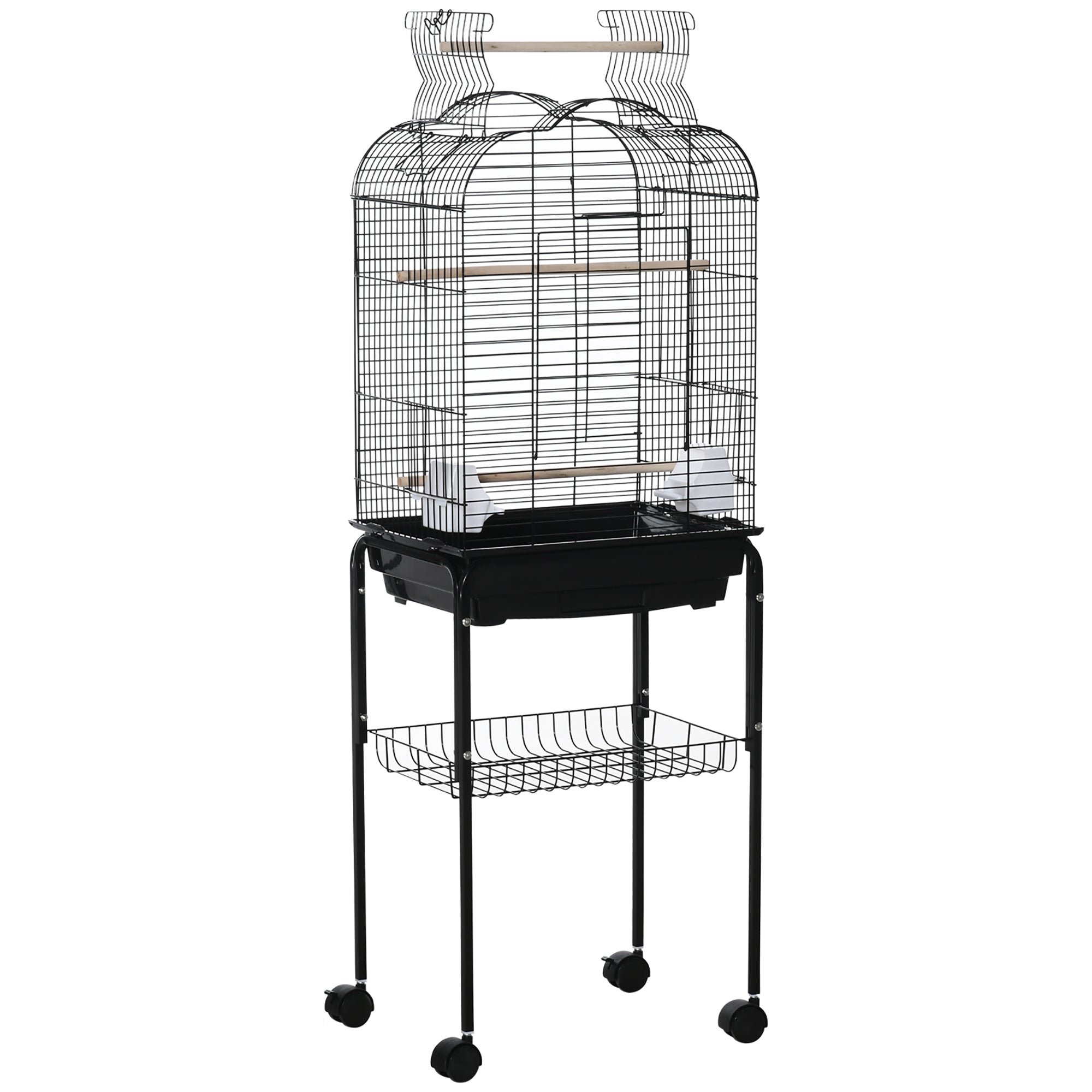 Birdcage with wheels, support, and accessories, black, 130cm