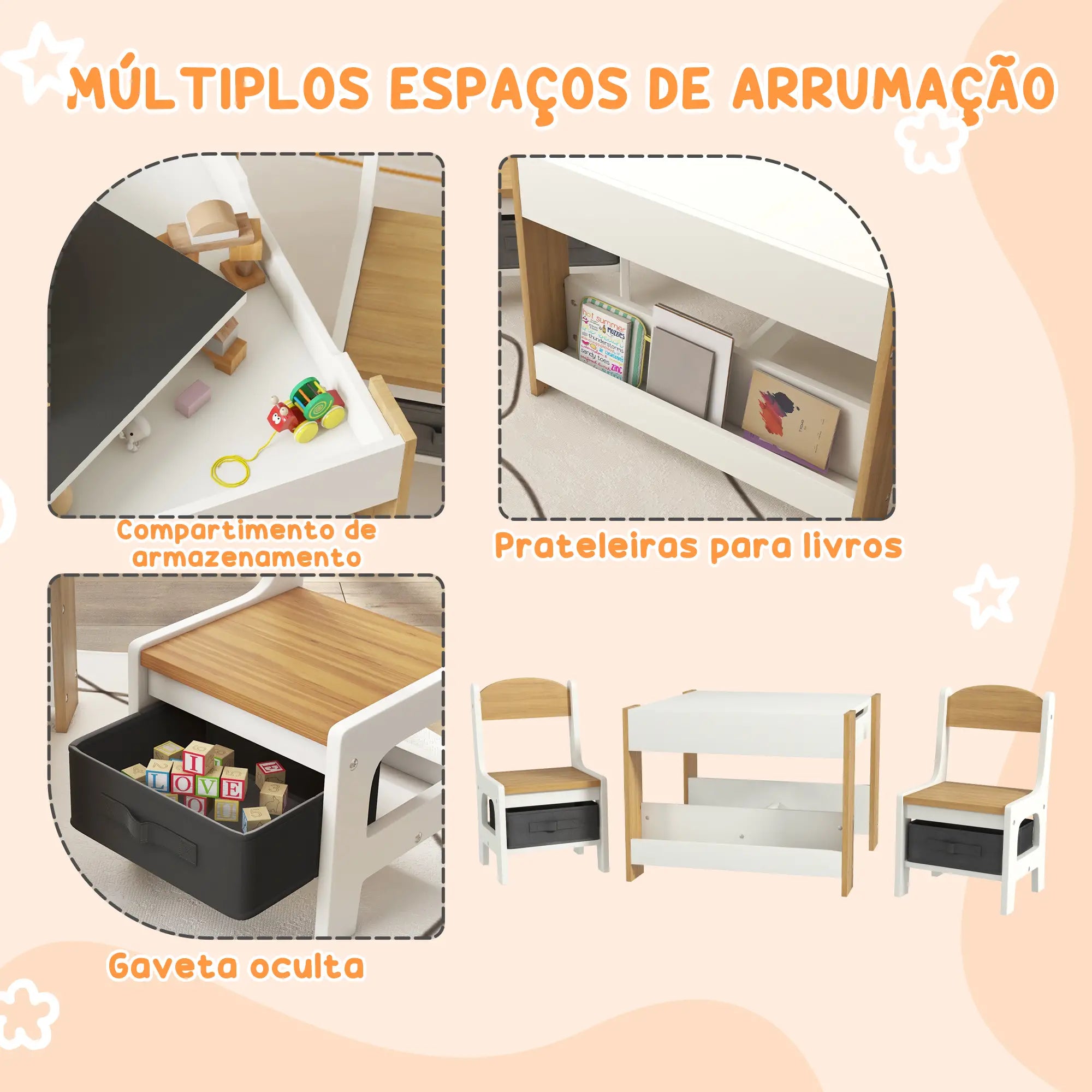 Conjunto de Mesa e 2 Cadeiras Infantis 2 em 1 com Ardósia Gavetas de Tecido e Espaço de Armazenamento para Quarto Cinza