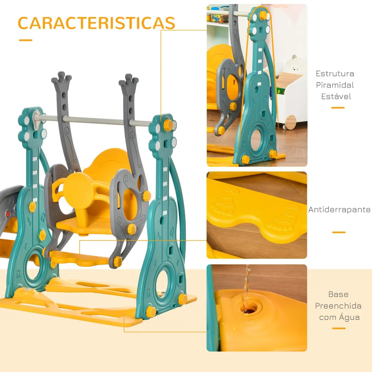 Escorrega Infantil com Baloiço e Cesta de Basquetebol 3 em 1 Multicor