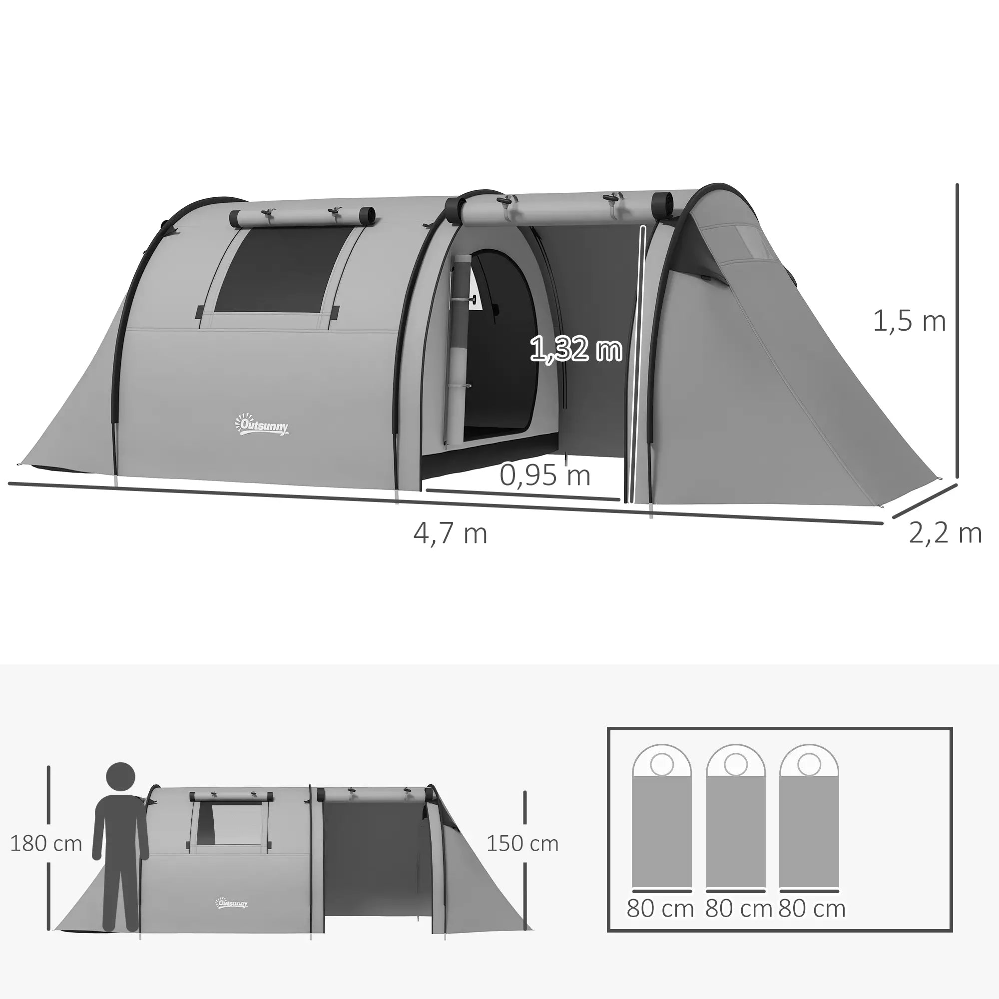 Tenda Campismo Dobrável Familiar para 3 Pessoas Impermeável Cinzento