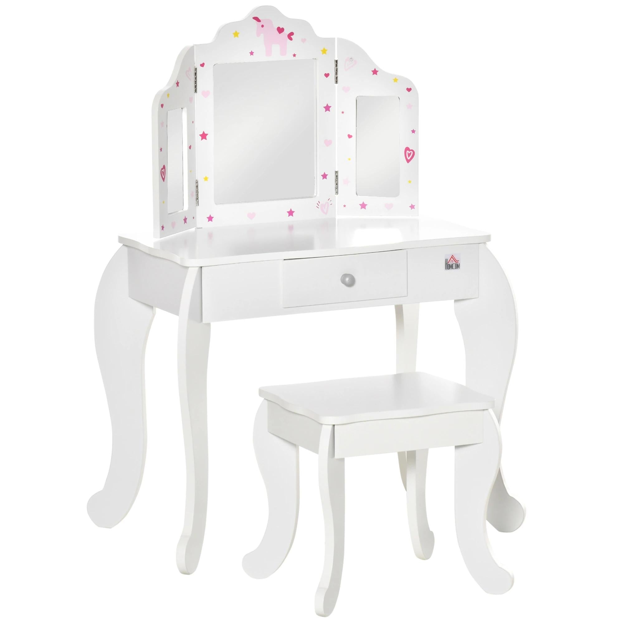Toucador Infantil de Madeira com Banco e Espelho de Acrílico de 2 Sessões Mesa de Maquilhagem Infantil com Gaveta para Dormitório Sala de Jogos 63x40x85,5cm Branco