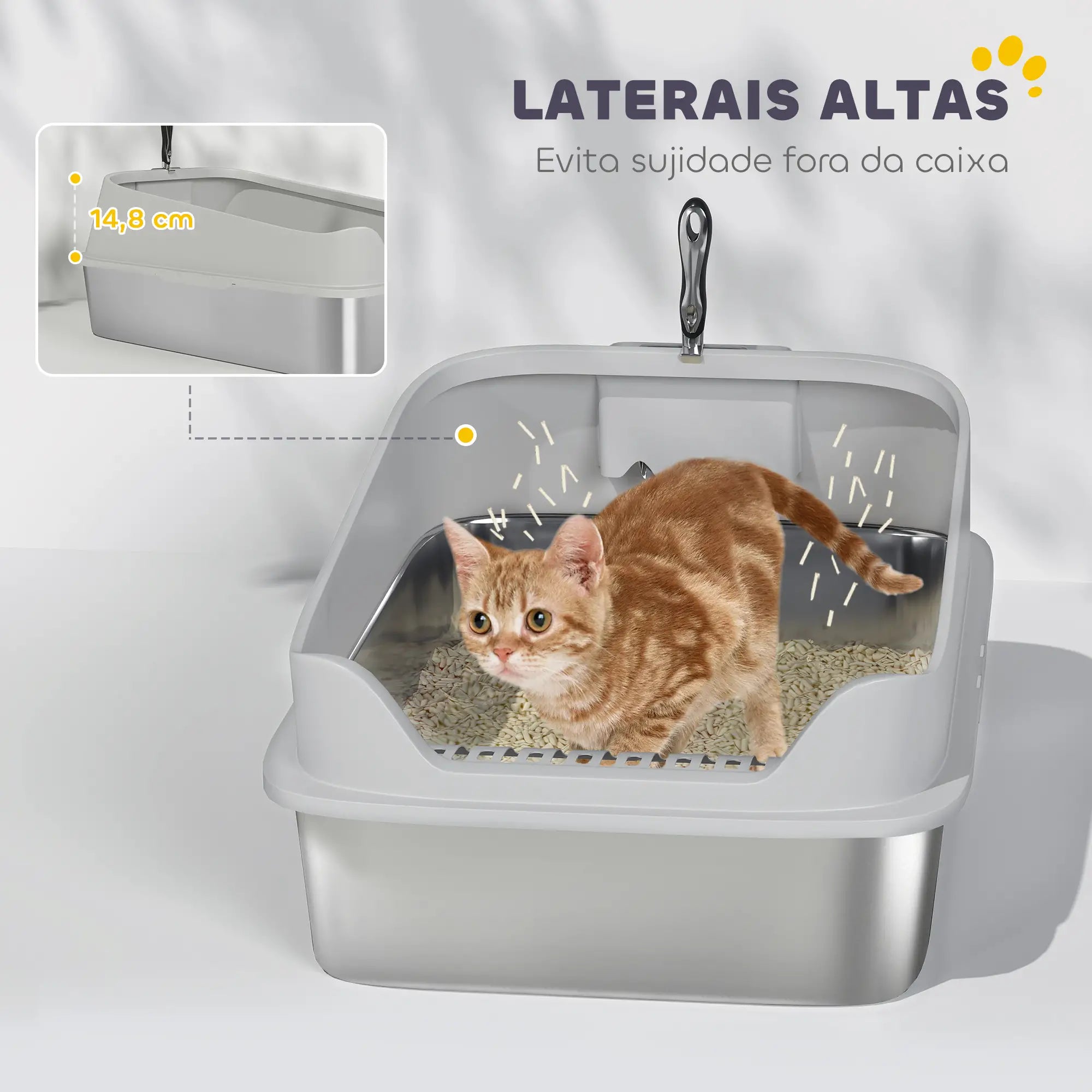 Caixa de areia para gatos XXL em aço inoxidável com borda alta