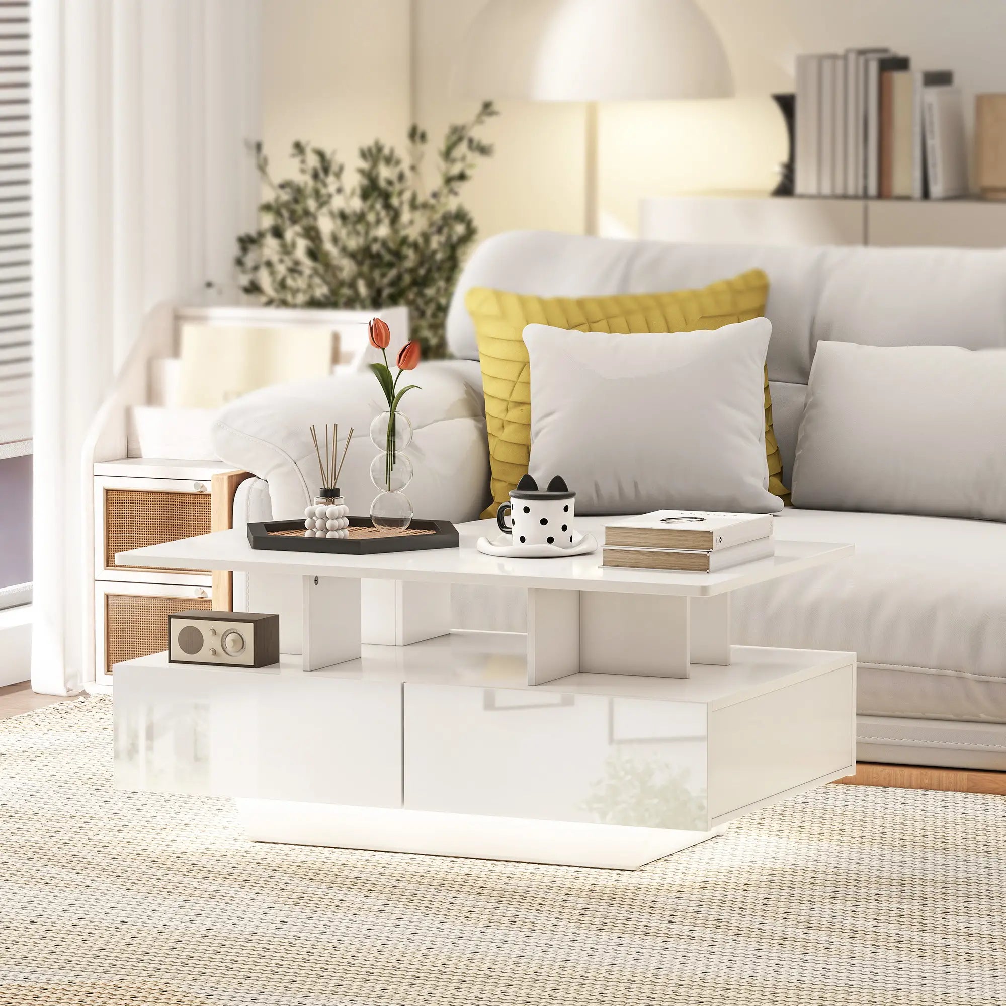 Mesa de Centro Moderna com LED 4 Gavetas Prateleira Aberta e Luzes LED de 16 Cores 90x55x41 cm Branco Brilhante