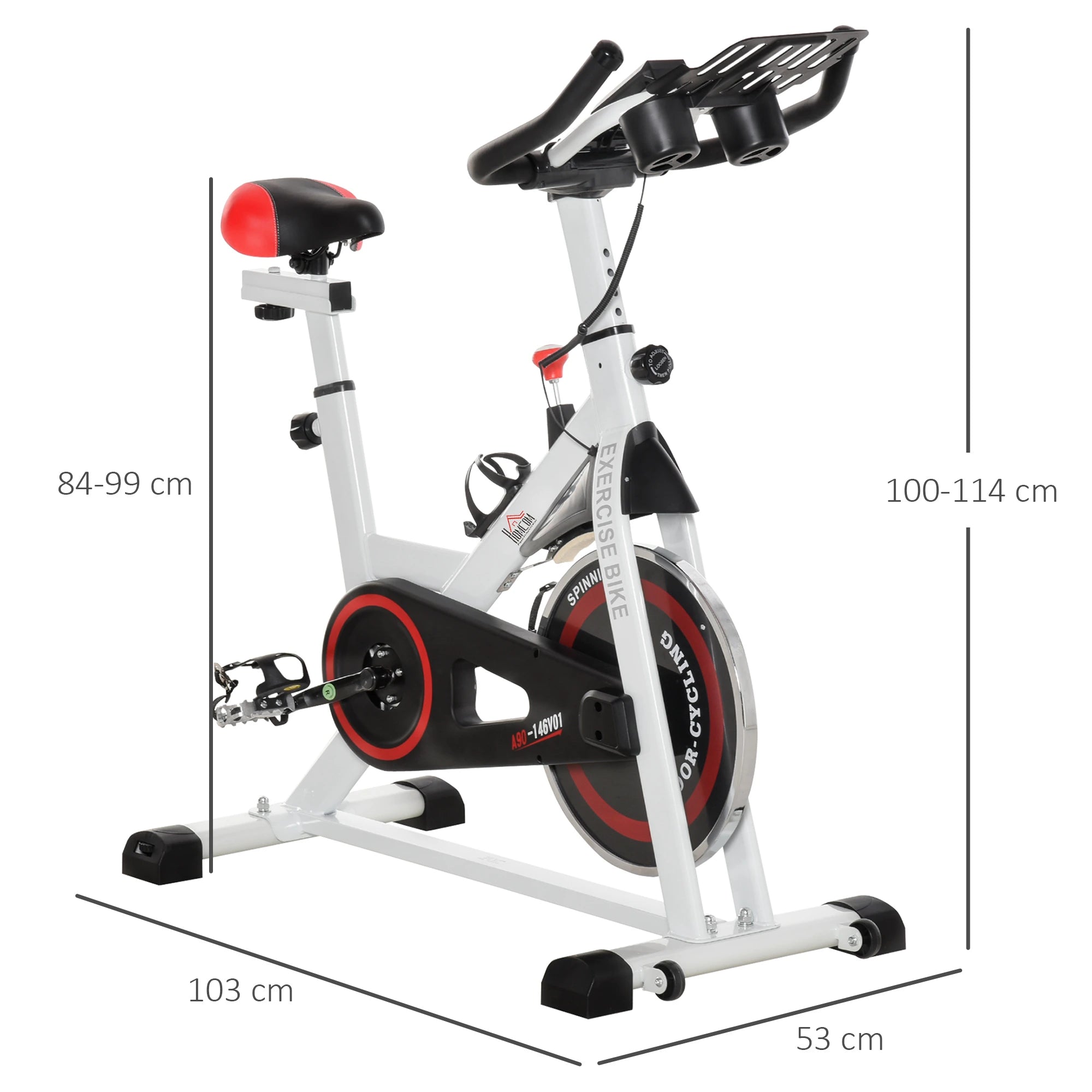 Bicicleta estática com tela LCD Sela ajustável Volante 8 kg Carga 100 kg 103x53x110-114 cm Branco
