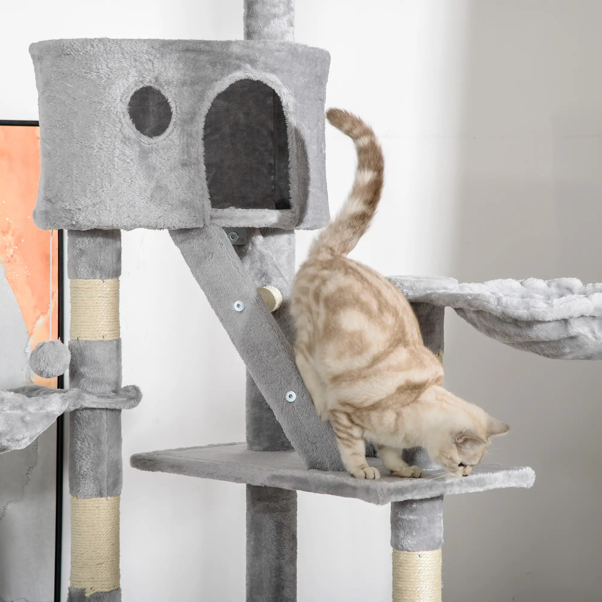 Arranhador para Gatos do Chão ao Teto de 240-260 cm com Altura Ajustável Múltiplas Plataformas Caverna e Rampas Cinza
