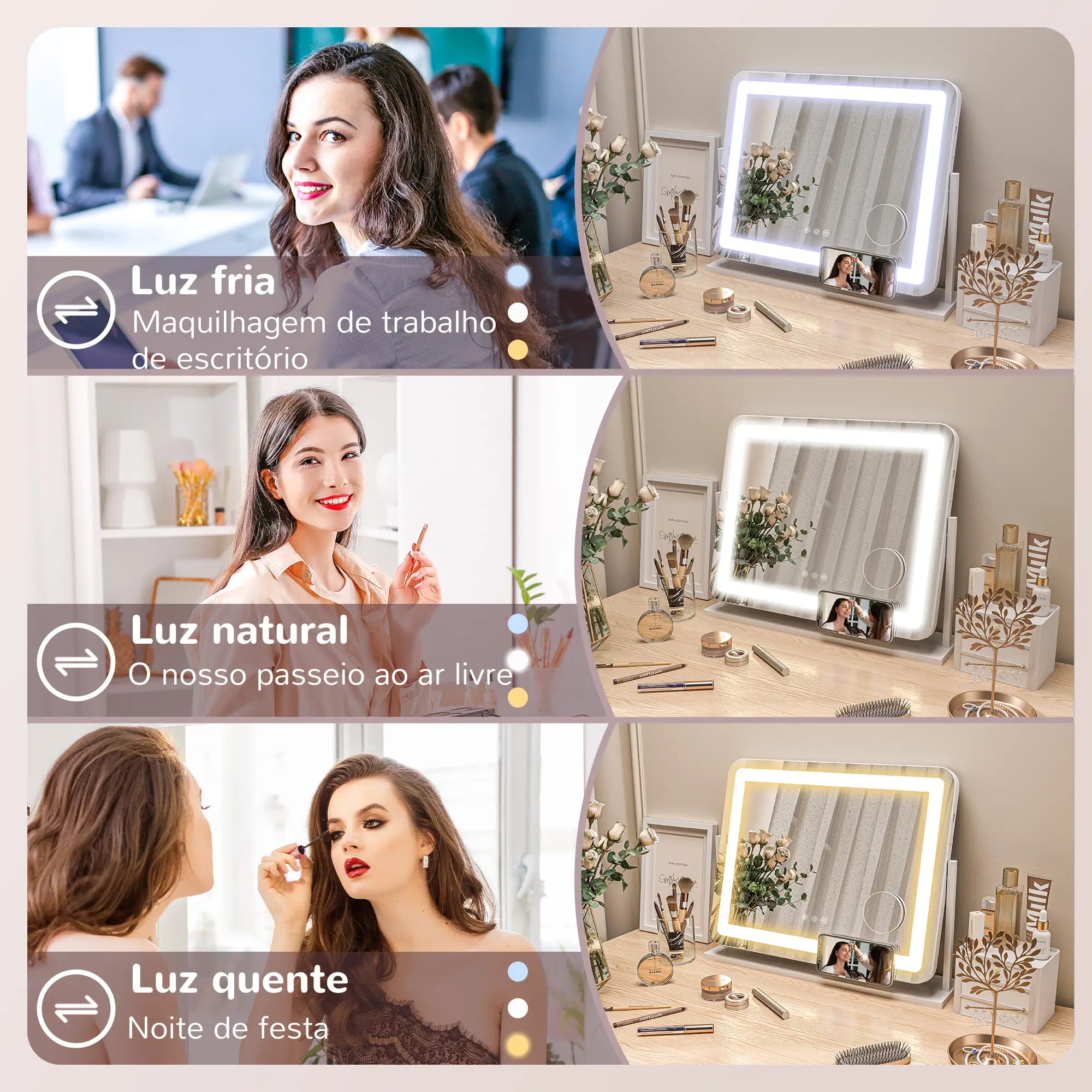 Makeup-speil med LED-lys og telefonholder hvit