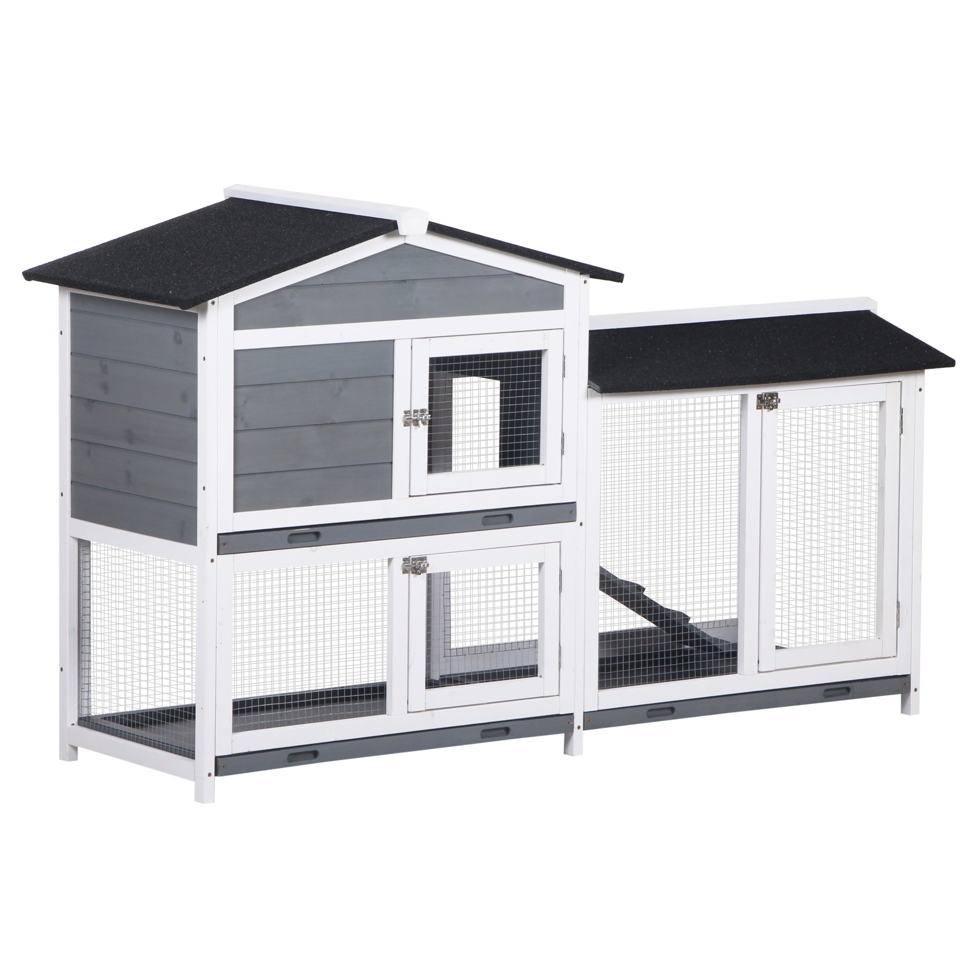 Coelheira de Madeira Exterior Gaiola para Coelhos de 2 Níveis com Teto Asfáltico 2 Cercados de Metal Bandeja Removível 3 Portas e Rampa 157,4x53x93,5cm Natural