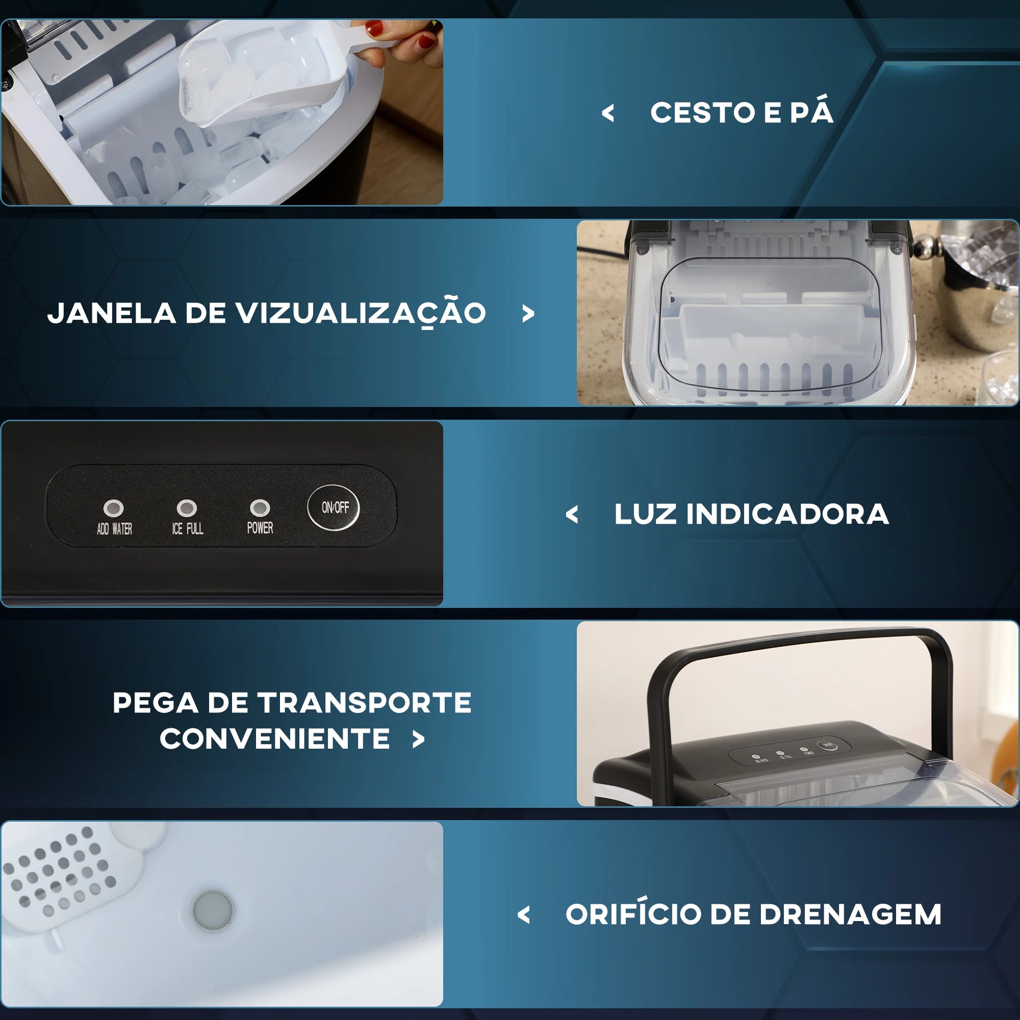 Máquina de Fazer Gelo Silenciosa 12 kg em 24 Horas 9 Cubos em 6-12 Minutos Depósito de Água 1,3 L 22,2x29,4x29 cm Preto